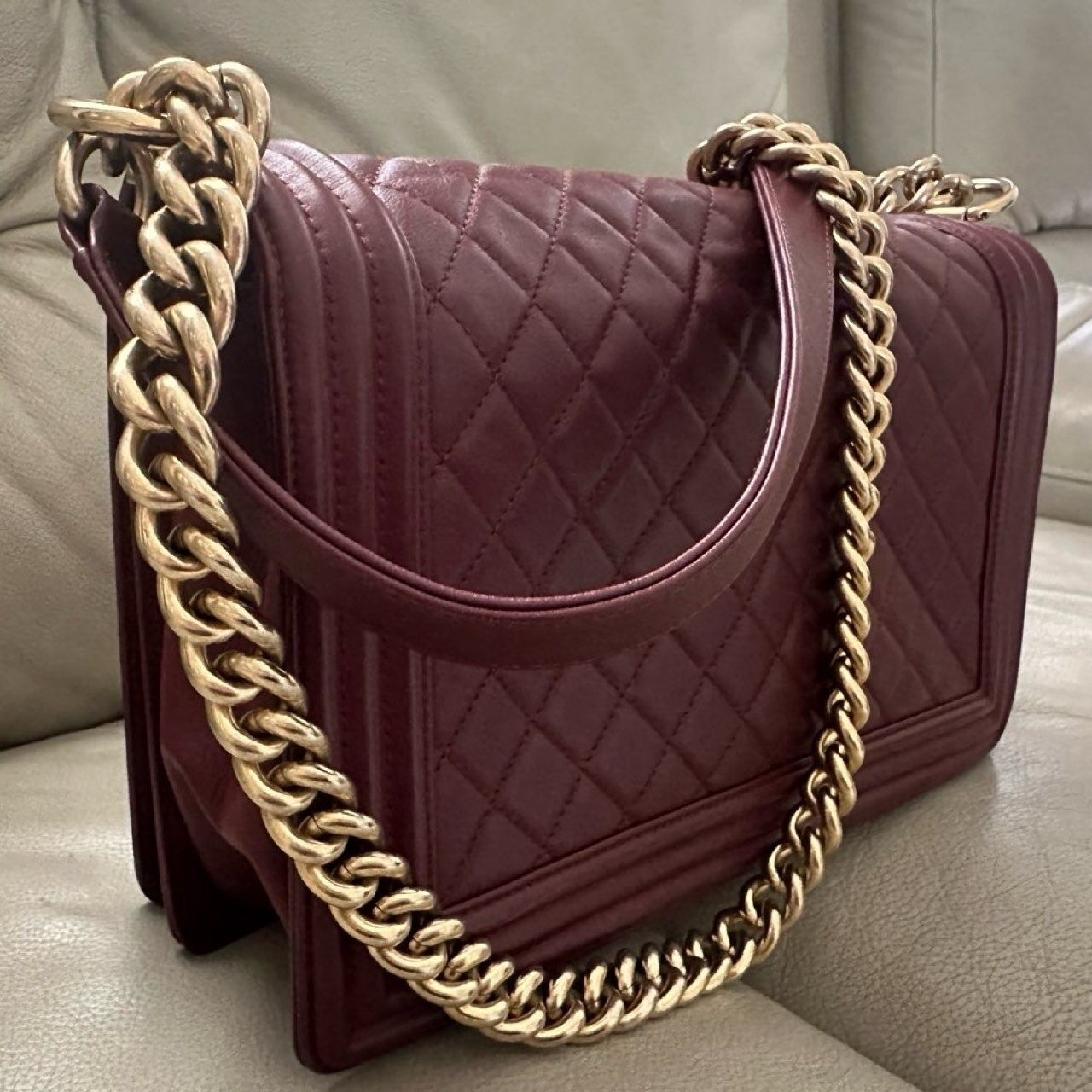 Chanel Boy New Medium Red Maroon Quilted GHW Shoulder Bag