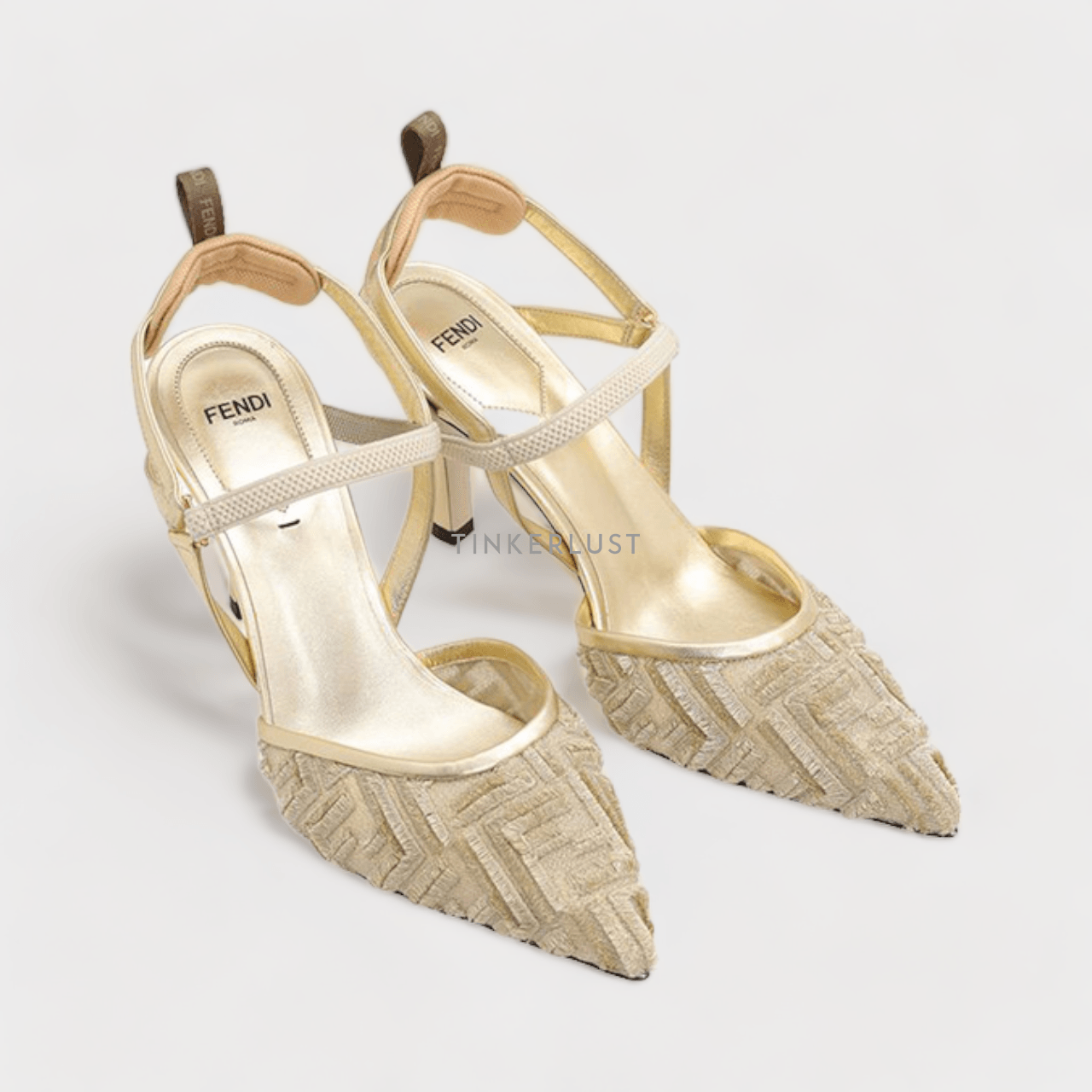 Fendi Women Colibri Lite Slingback Pumps 85mm in Gold Micro Mesh with Fringed FF Pattern	