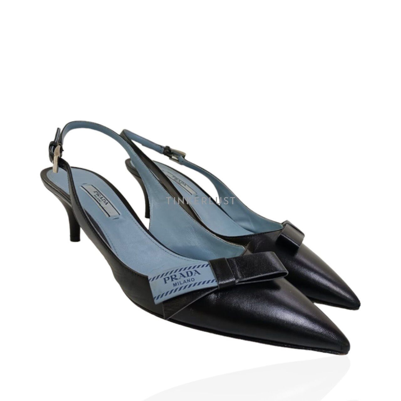 Prada Bow Slingback Pumps Blue Black Grained Leather Heels