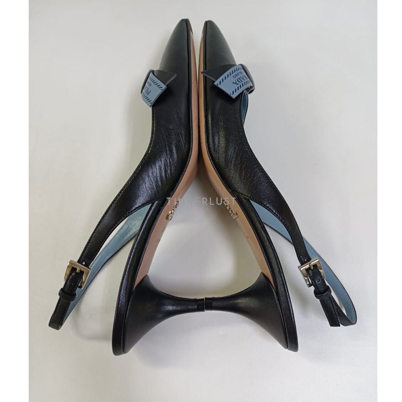 Prada Bow Slingback Pumps Blue Black Grained Leather Heels