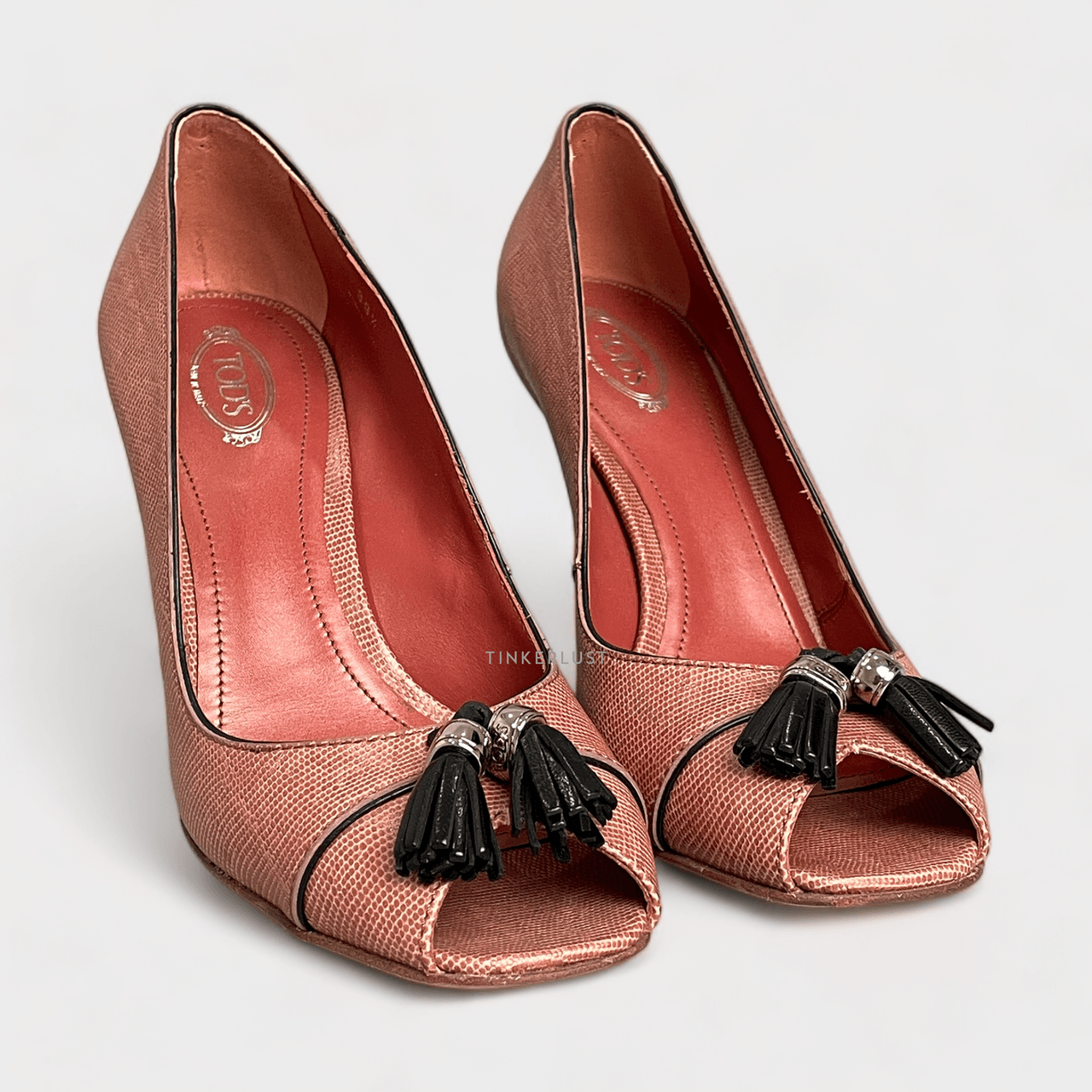 Tod's Peep Toe Bow Red Embossed Leather Heels