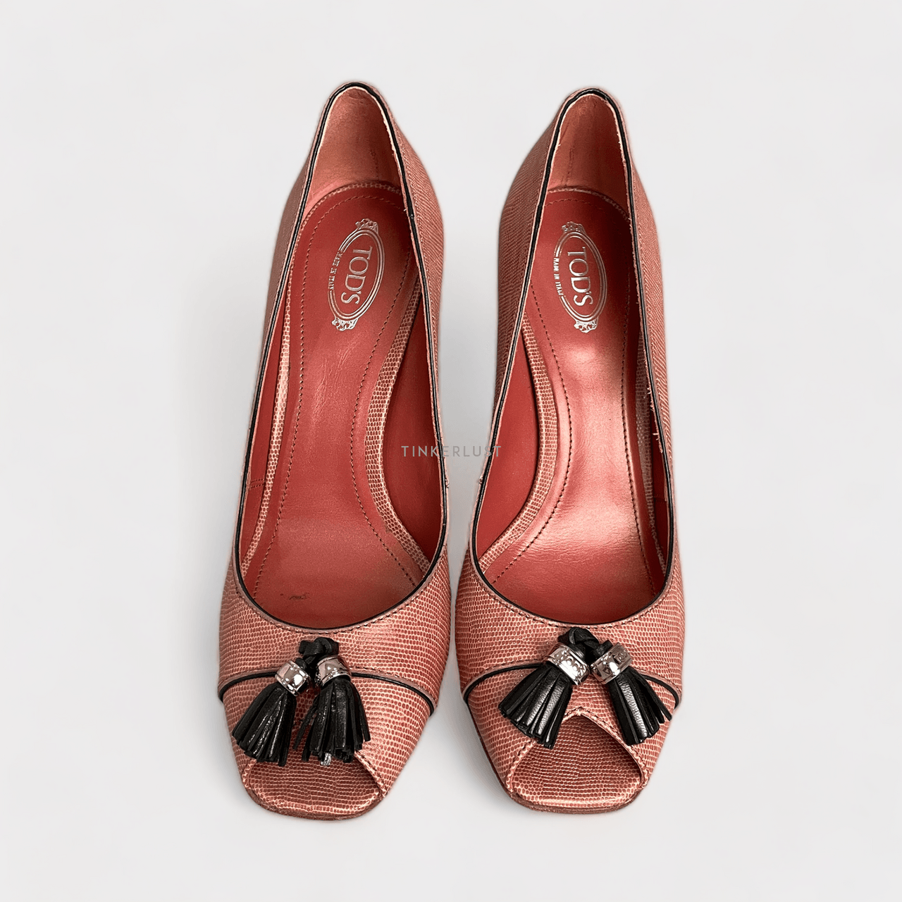 Tod's Peep Toe Bow Red Embossed Leather Heels