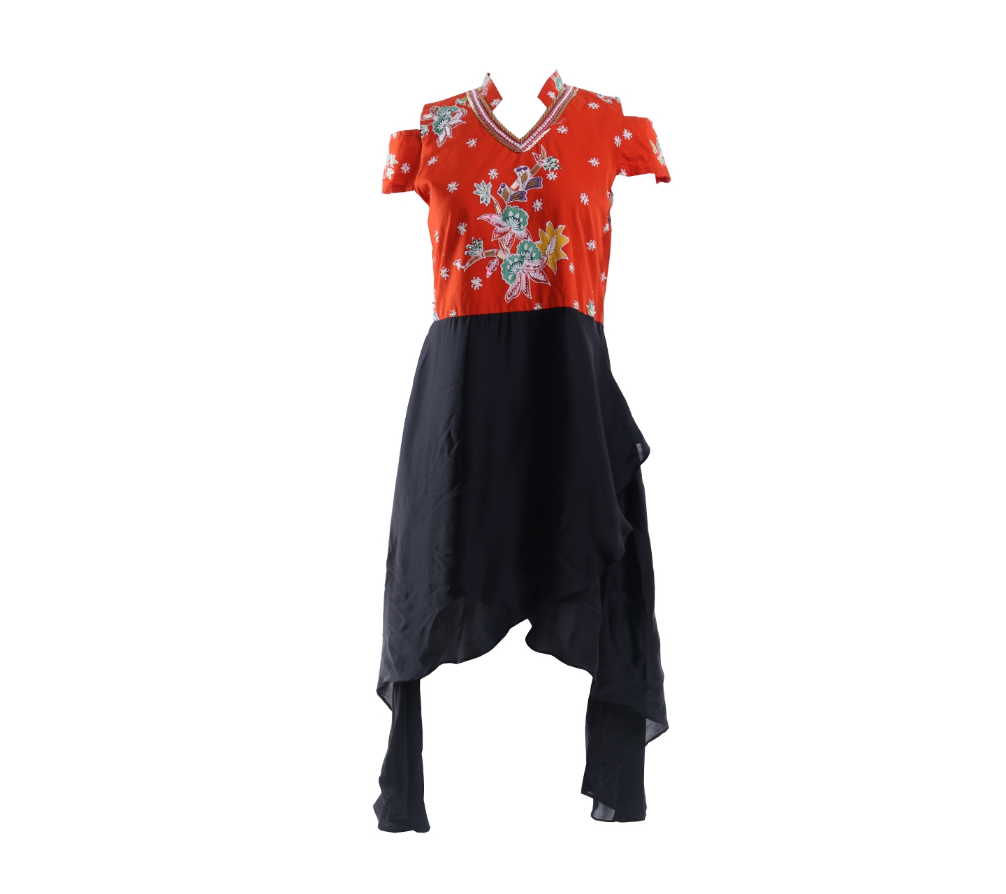 Kencana Pajajaran Orange And Black Floral Beads Mini Dress