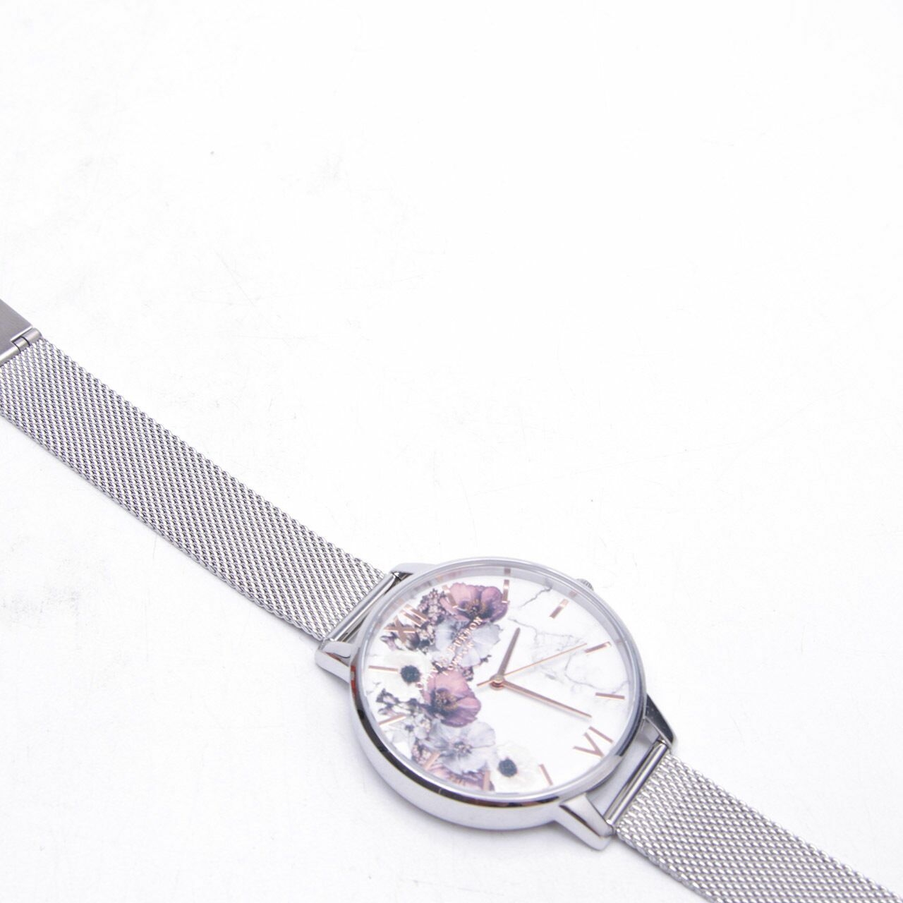 Olivia Burton Marble Floral Silver Mesh & Rose Gold Watch