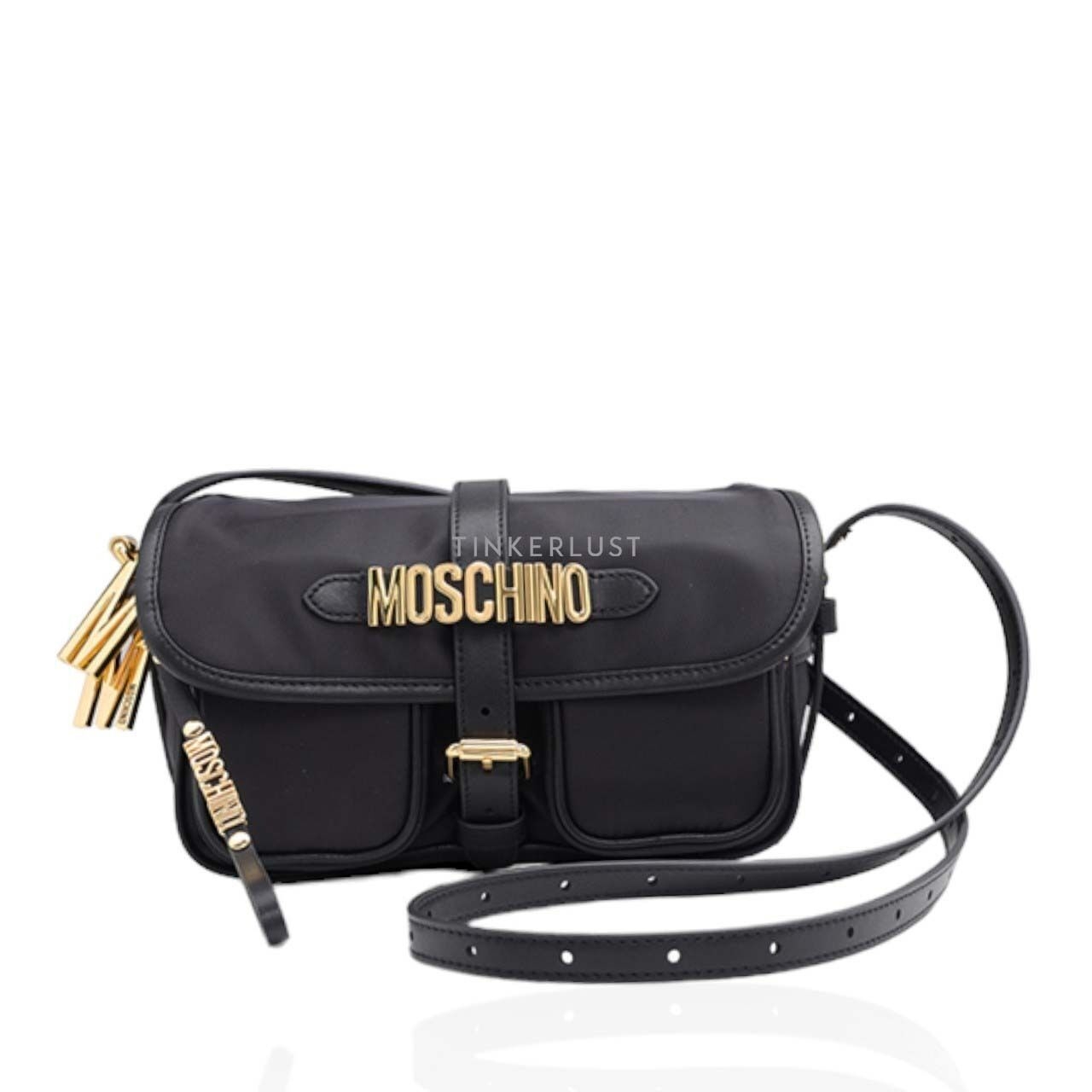 Moschino Buckled Logo-Lettering in Black GHW with Two Zip Pocket Shoulder Bag 