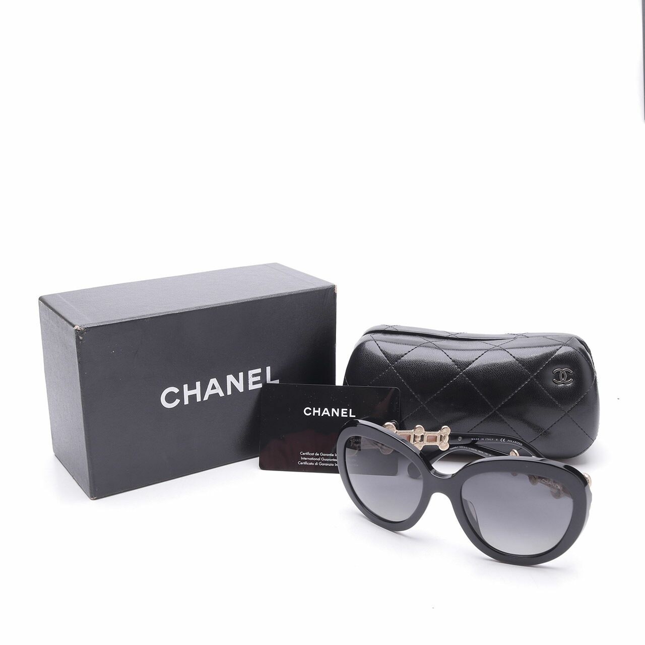 Chanel Polarized Black Gold Hardware Pink Pearl Sunglasses 