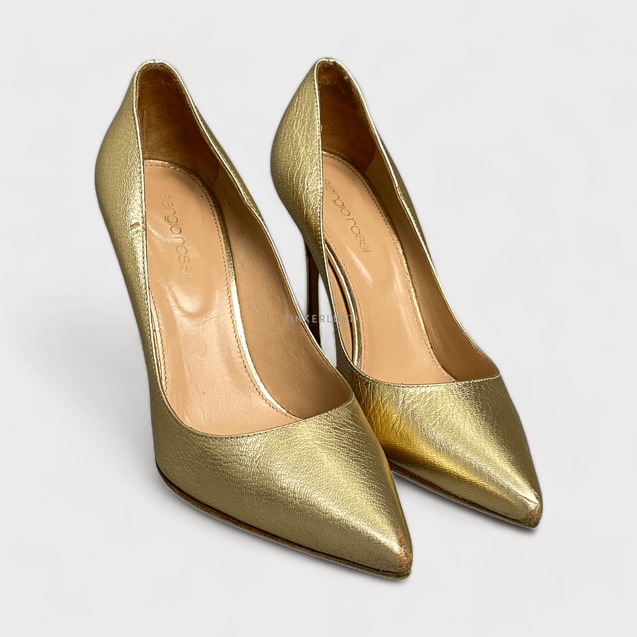 Sergio Rossi Pointed Toe Gold Leather Heels
