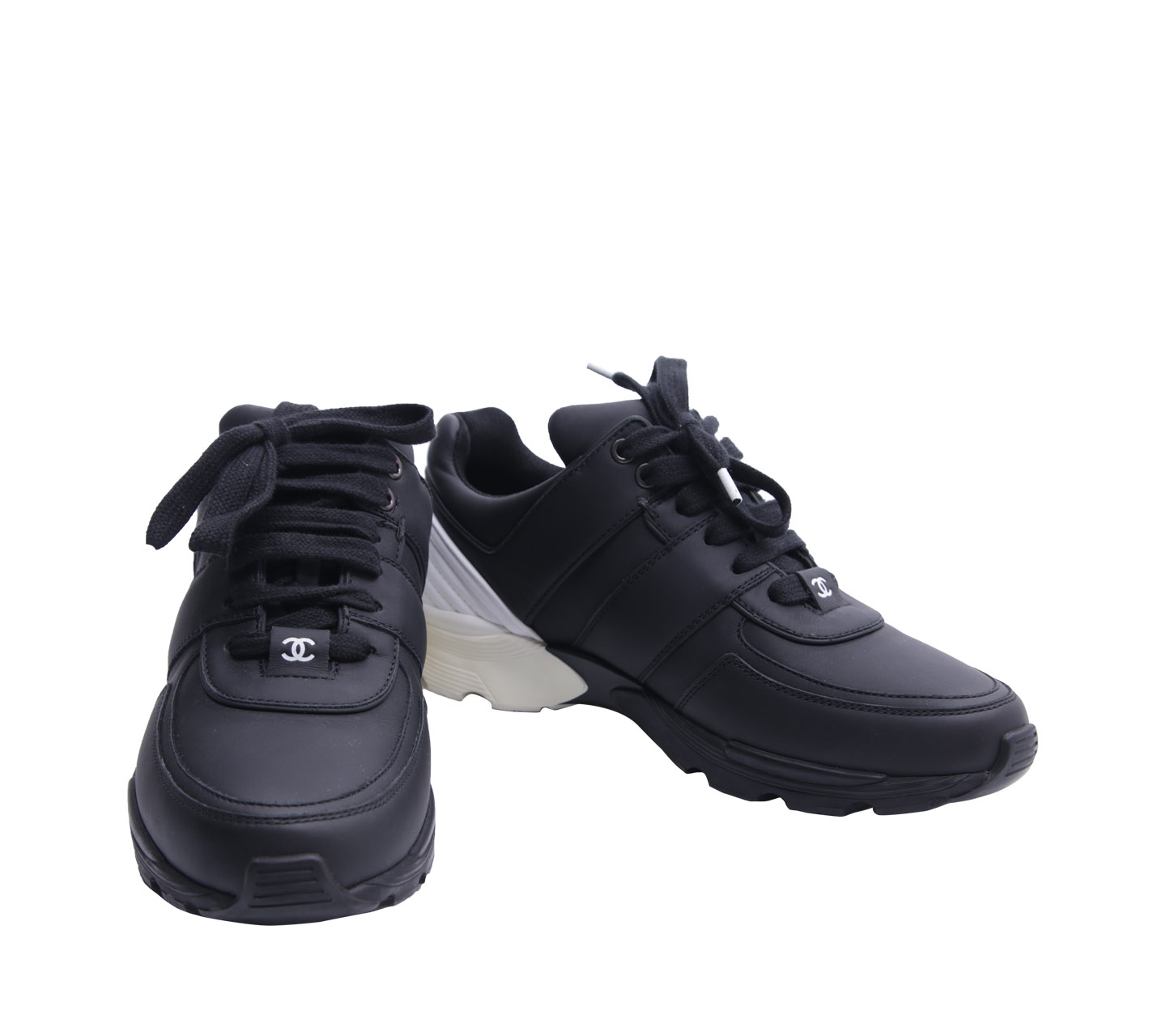 Chanel Black Leather Cc Trainer Tennis Sneakers