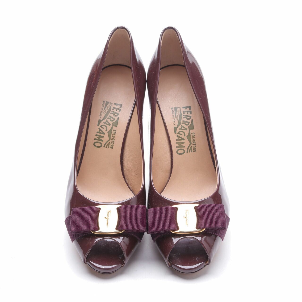 Salvatore Ferragamo Burgundy Patent Leather Peep-toe Heels