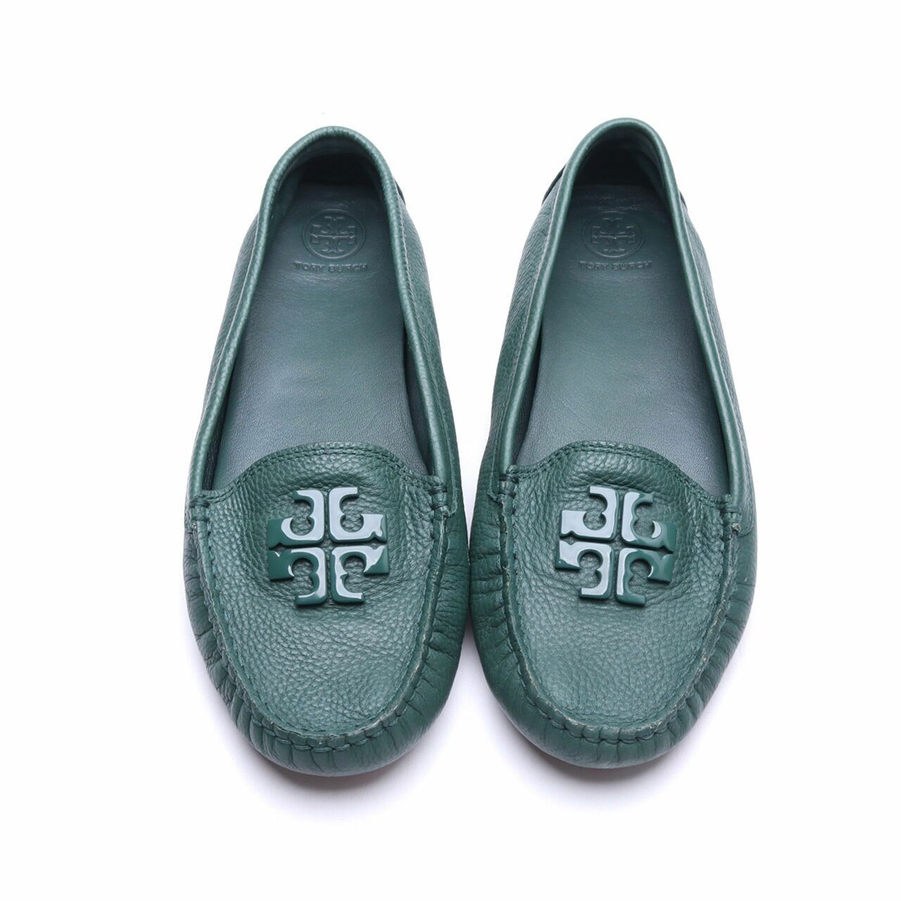 Tory Burch Green/ Norwood Lowell 2 Driver Tumbled Leather Flats Shoes