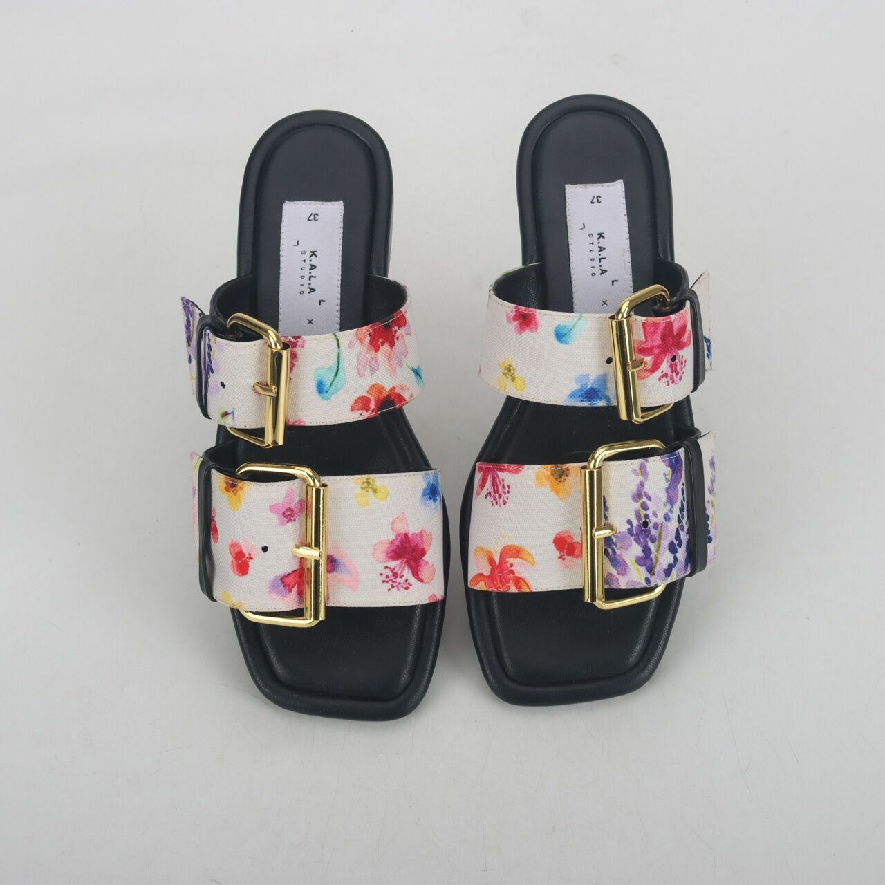 K.A.L.A Studio x MADER Double Buckle Square Toe Tropical Bliss Black Sandals