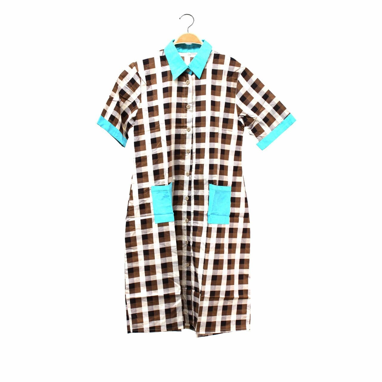 Lekat Dua Brown & Blue Geometric Two Tone Checkred Midi Dress [L]