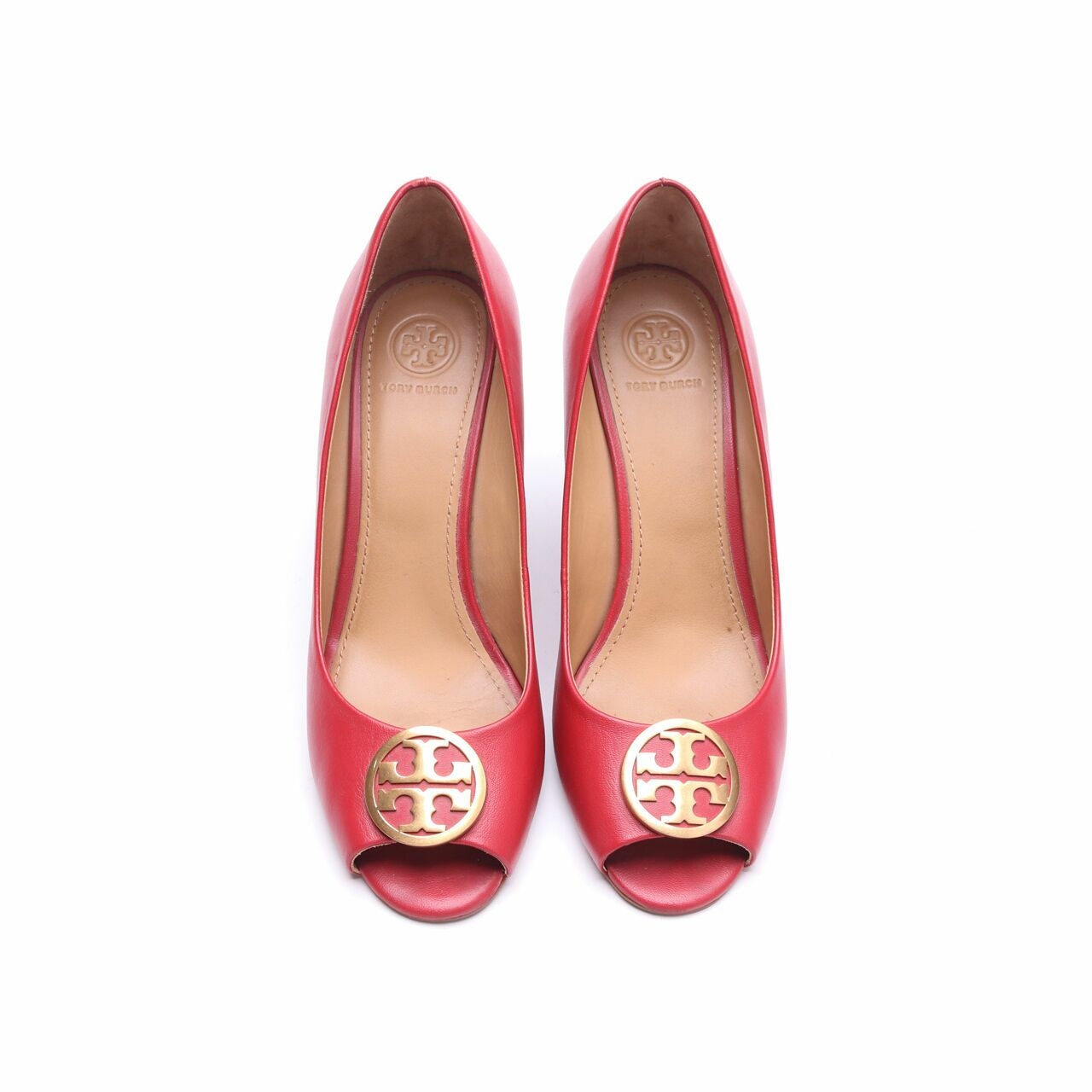 Tory Burch Sally Tumbled Leather Red Peep-toe Wedges