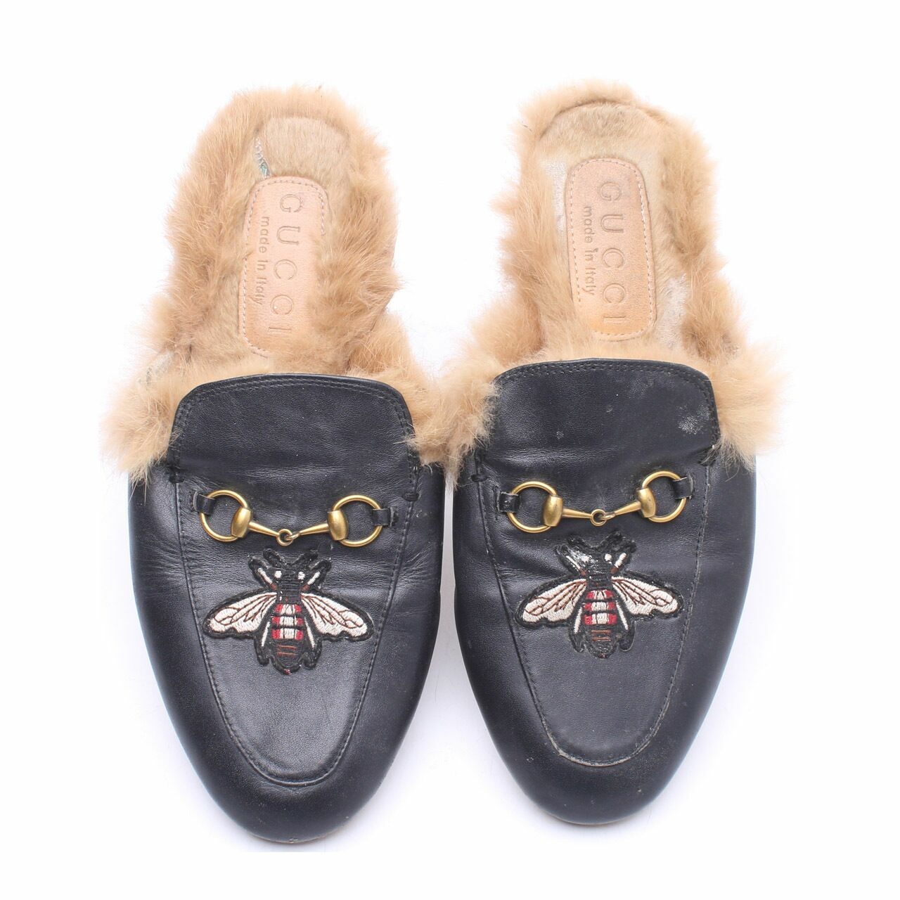 Gucci Black & Brown Princetown Bee Leather Fur Lining Slipper Mules Sandals