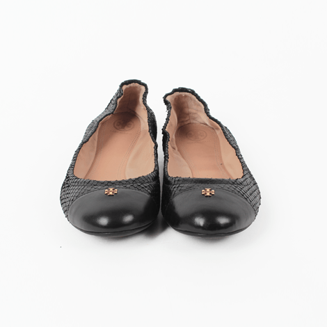 Tory Burch Black Minnie Travel Leather Flats with Gold Logo
