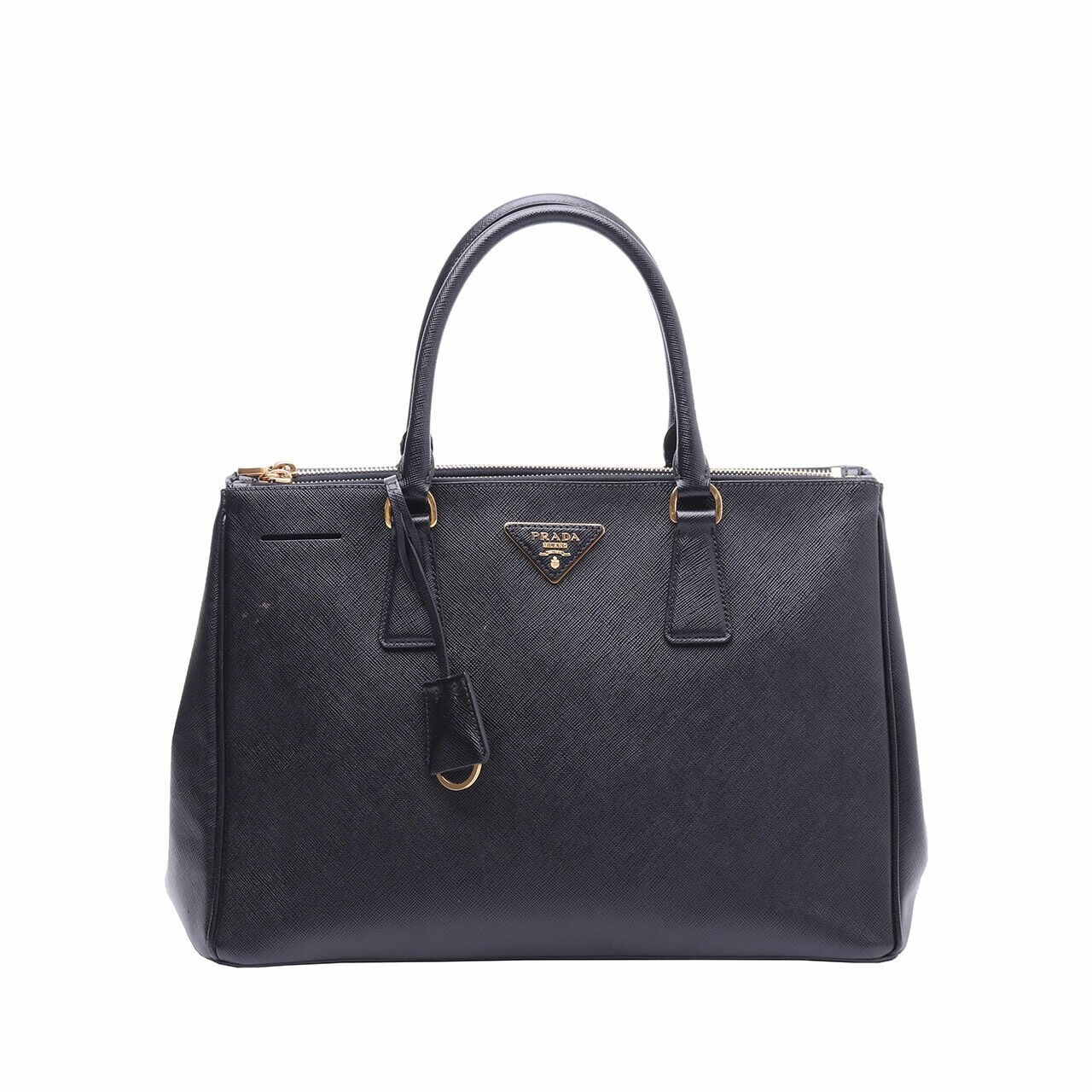 Prada Black Saffiano Lux Leather Double Zip Medium Tote Bag