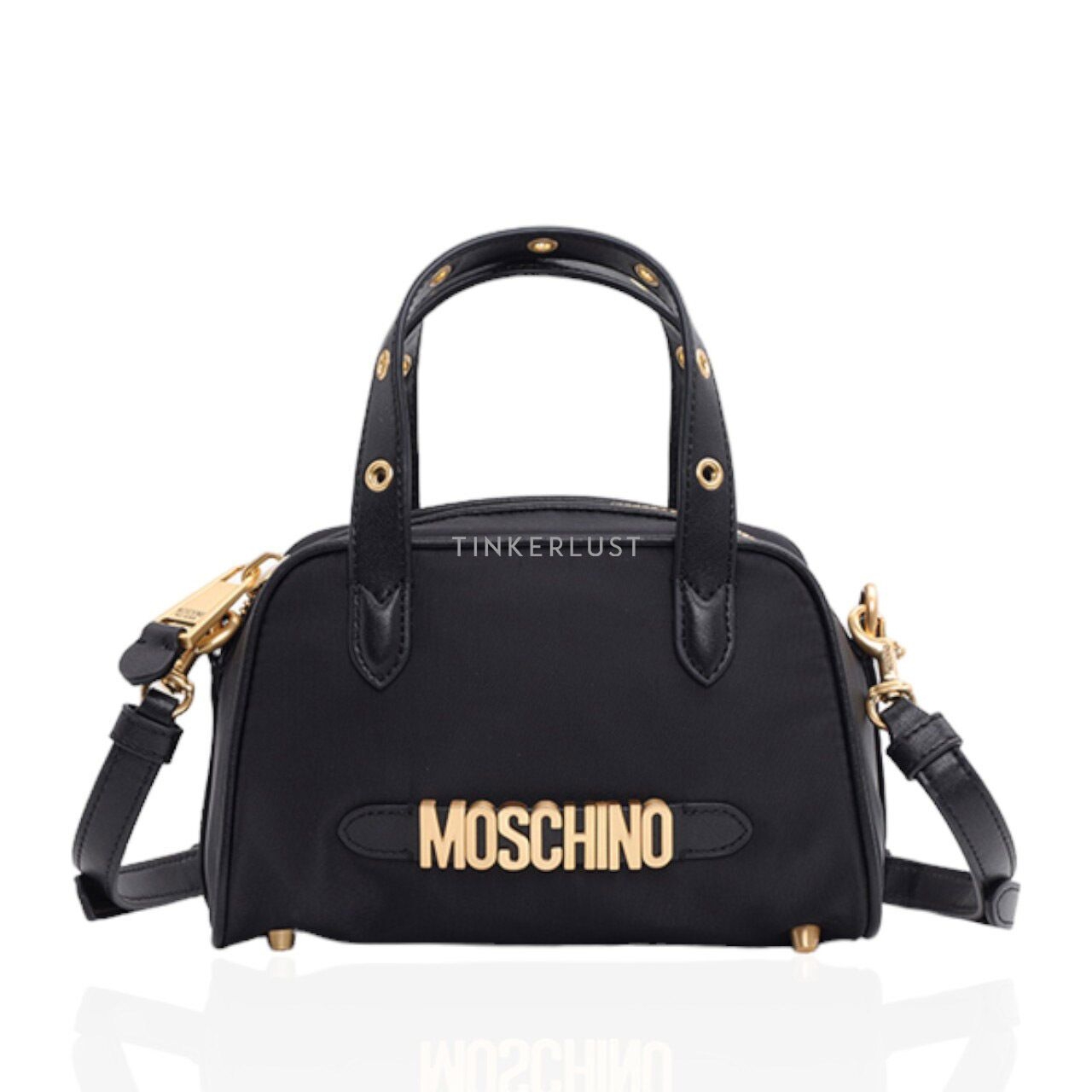 Moschino Logo Top Handle in Black GHW with Metal Detail Satchel