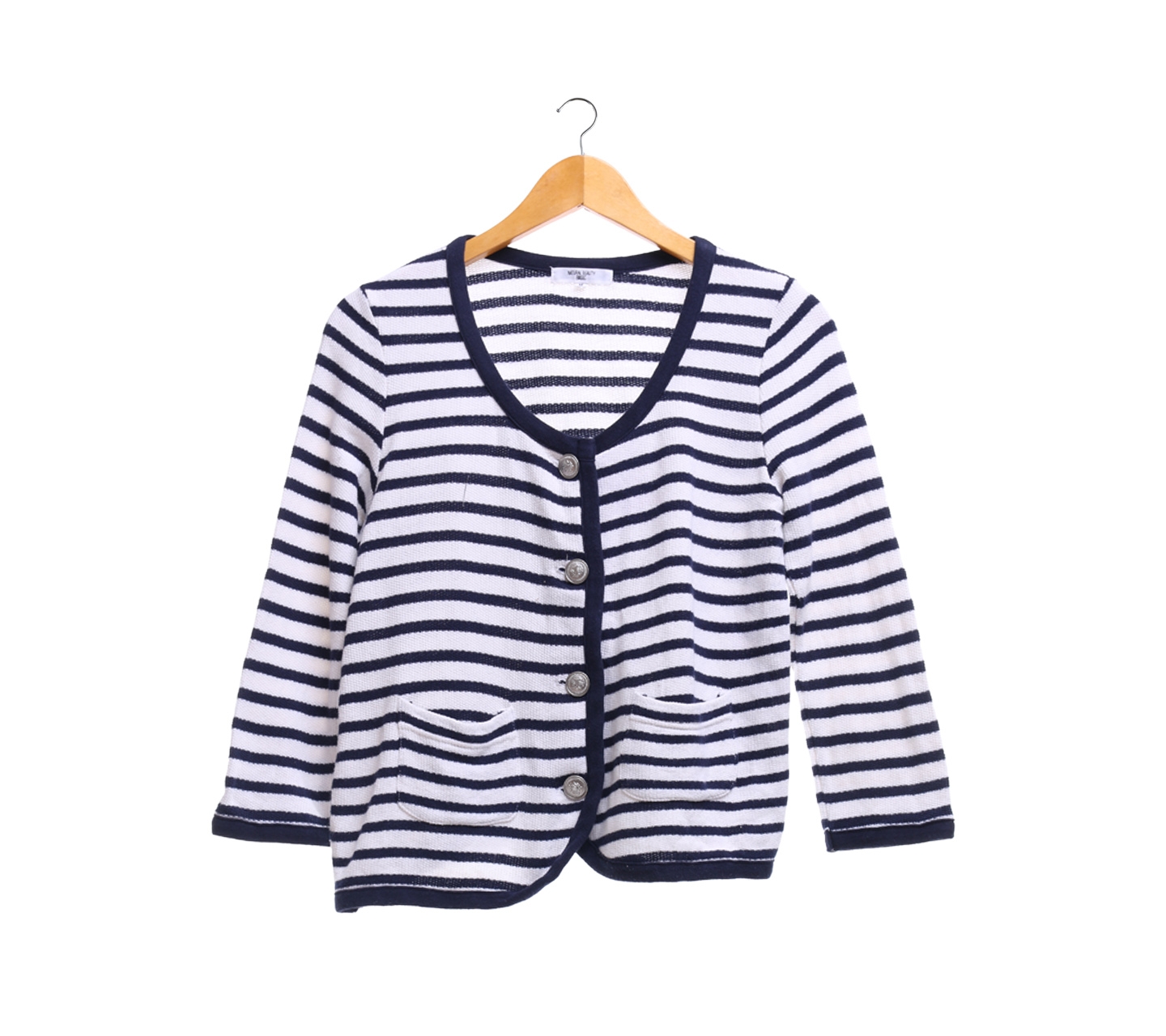 Natural Beauty Basic White And Dark Blue Striped Cardigan