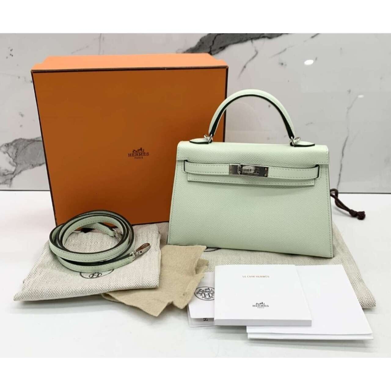 Hermes Kelly Mini Vert Fizz Epsom Palladium Hardware Handbag