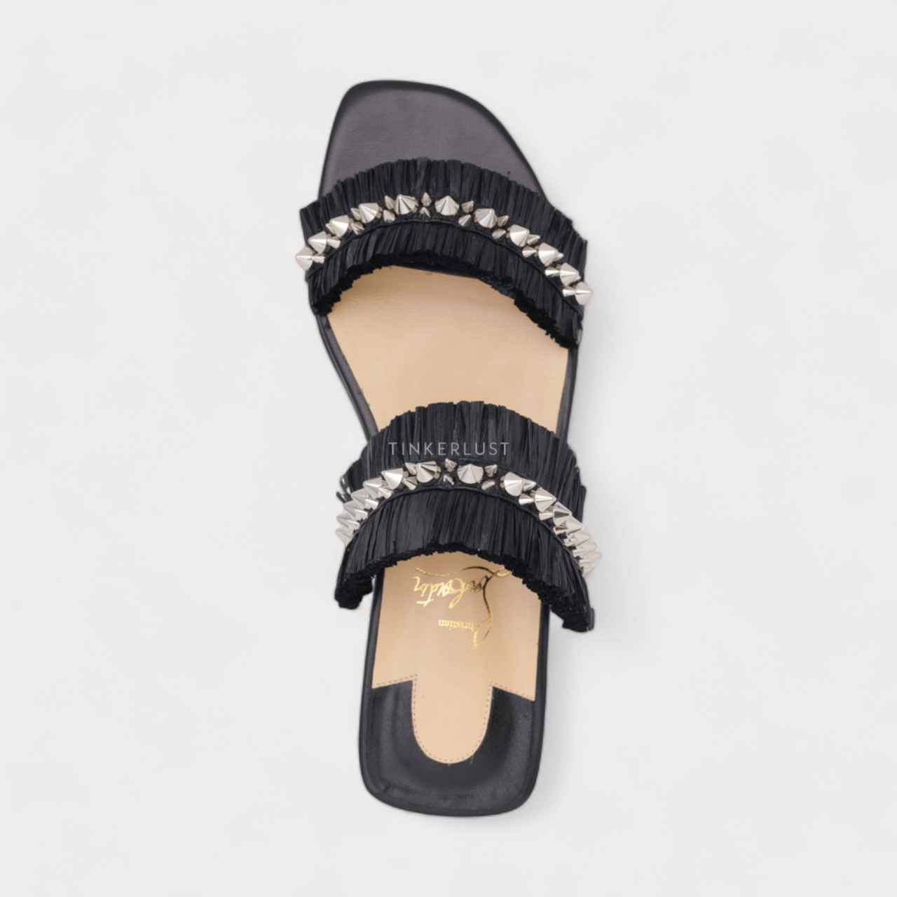 Christian Louboutin Marivodou Raffia Flat Sandals in Black with Silver Spikes 