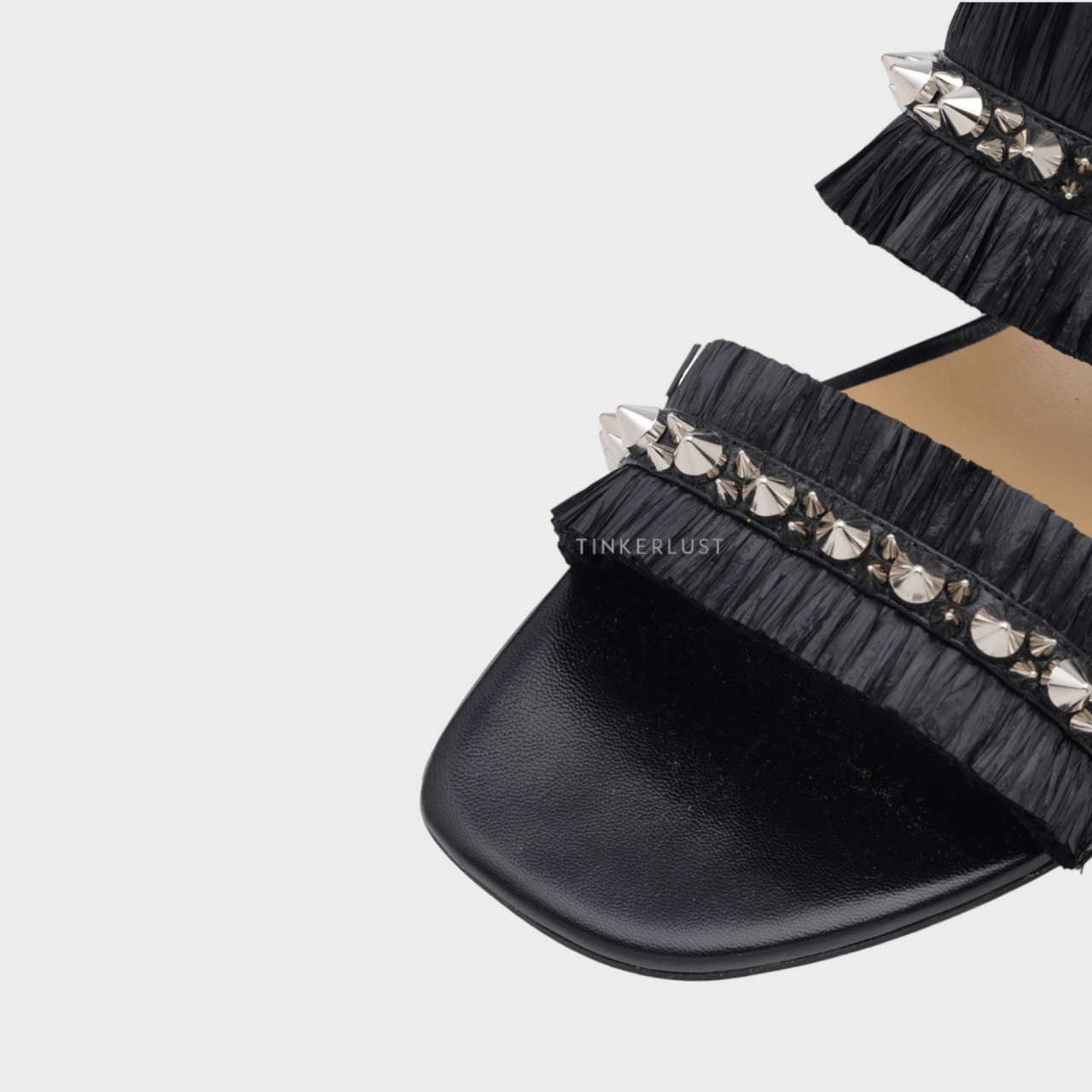Christian Louboutin Marivodou Raffia Flat Sandals in Black with Silver Spikes 