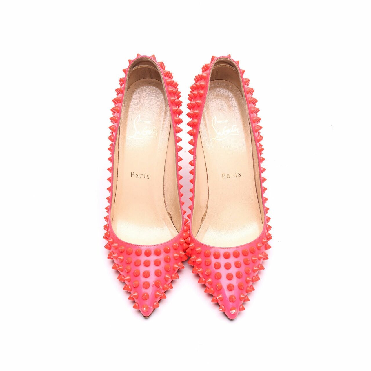 Christian Louboutin Neon Coral Patent Leather Pigalle Spikes Pump Heels