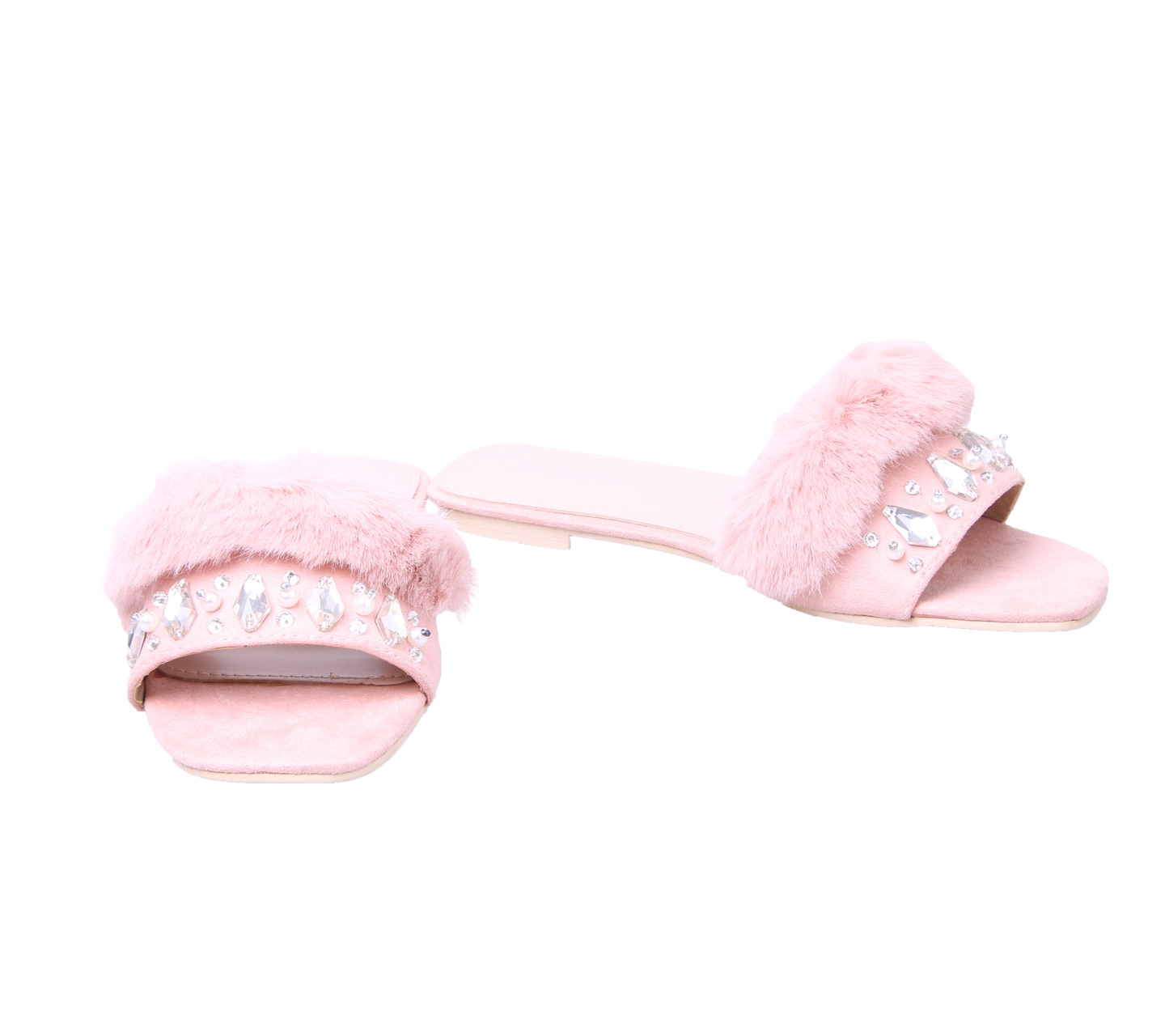 Mel & Molly Dusty Pink Paris Embellished Fur Sliders In Sandals
