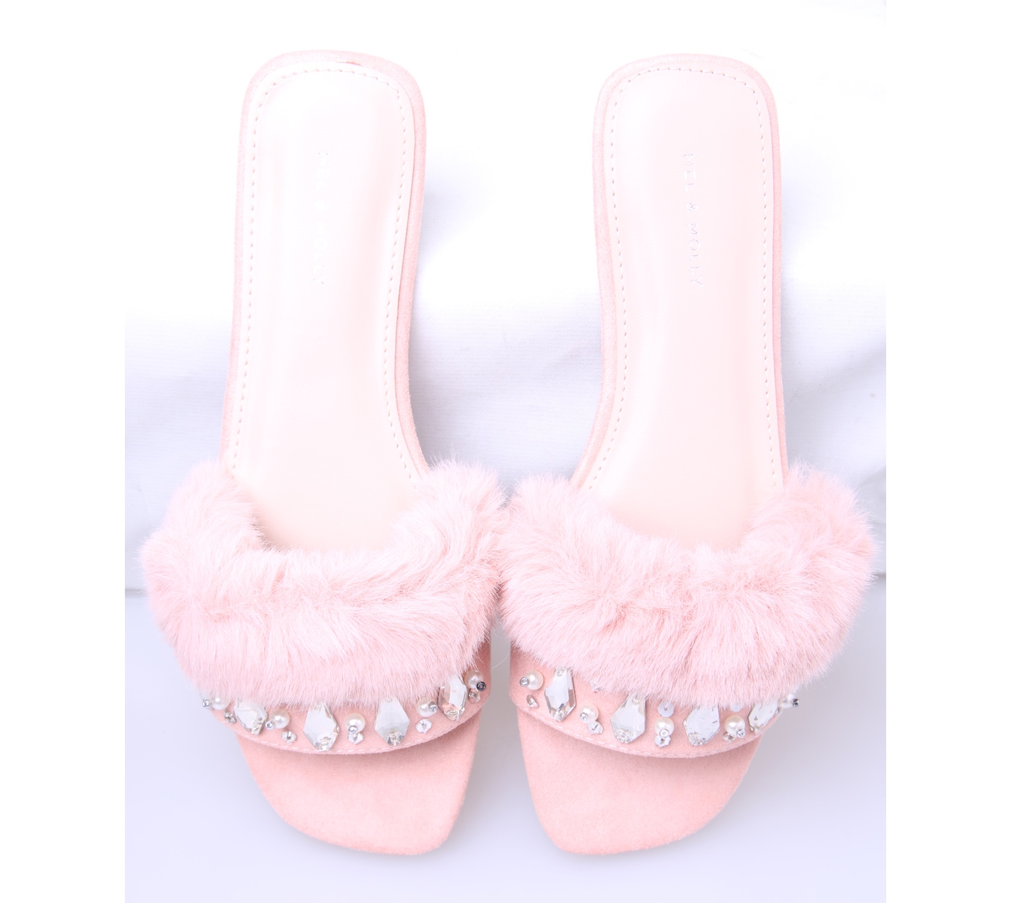 Mel & Molly Dusty Pink Paris Embellished Fur Sliders In Sandals