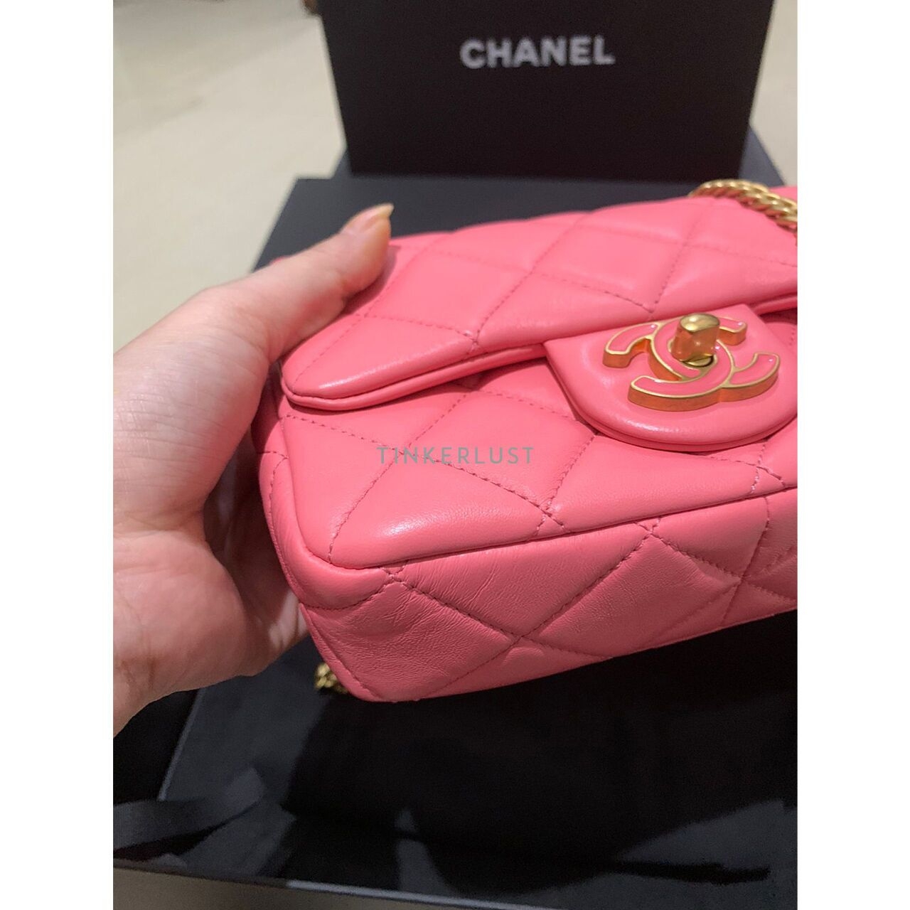 Chanel Mini Square Chain Charm Pink Lambskin GHW Chip Sling Bag