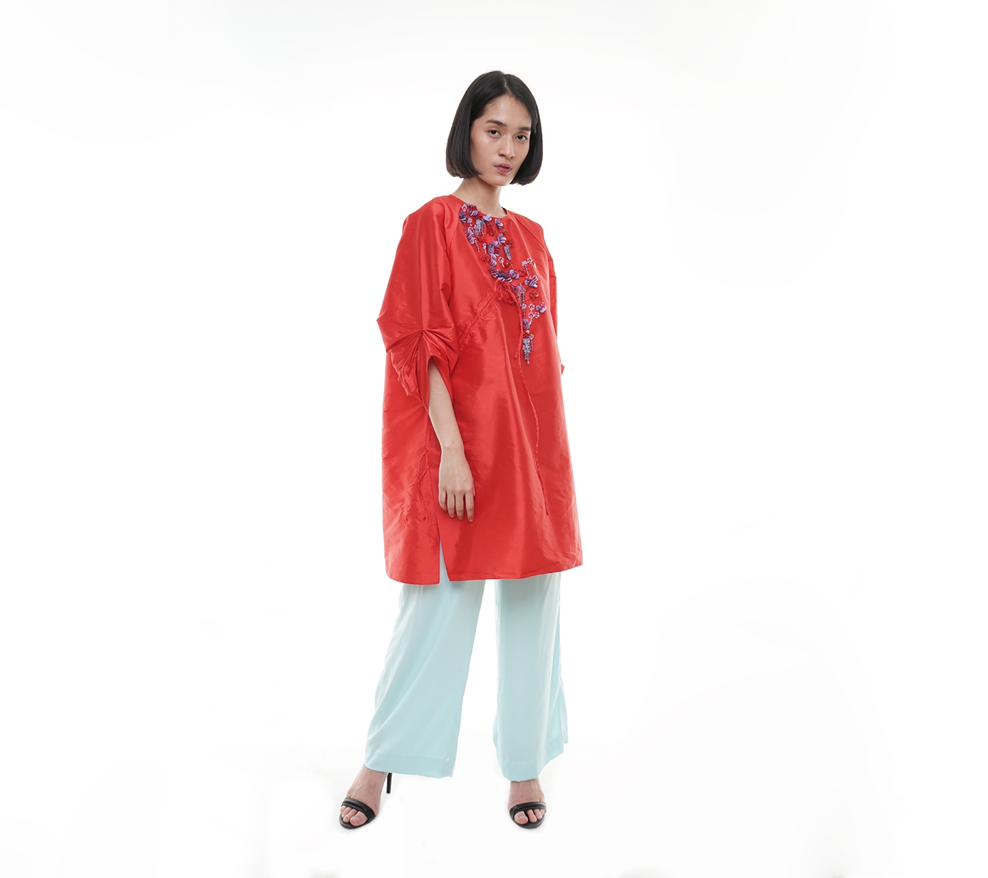Sebe11as Red with Gathered and Beads Blouse