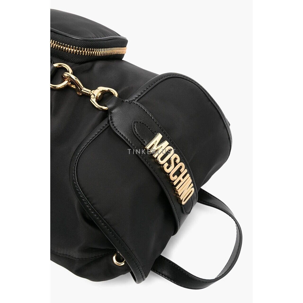Moschino Women Logo Drawstring Backpack in Black GHW with Two Zip Pocket