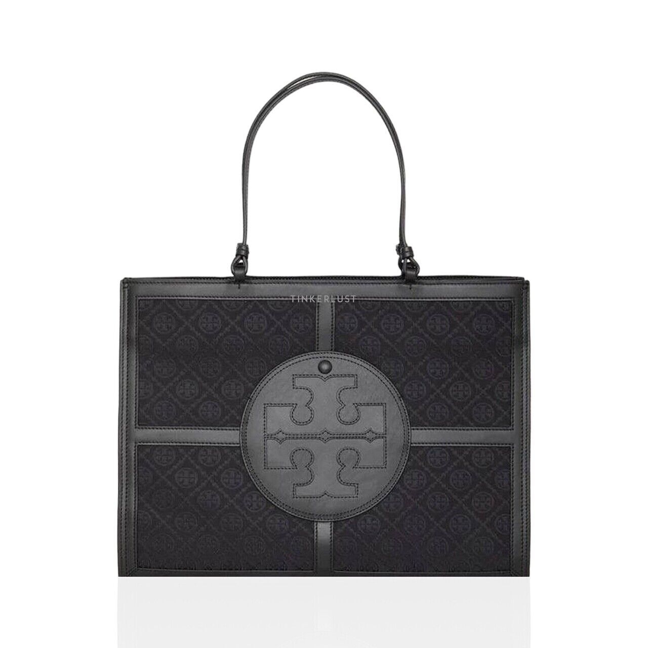 Tory Burch Ella T Monogram Quadrant Jacquard Leather Trim in Black/Black Tote Bag