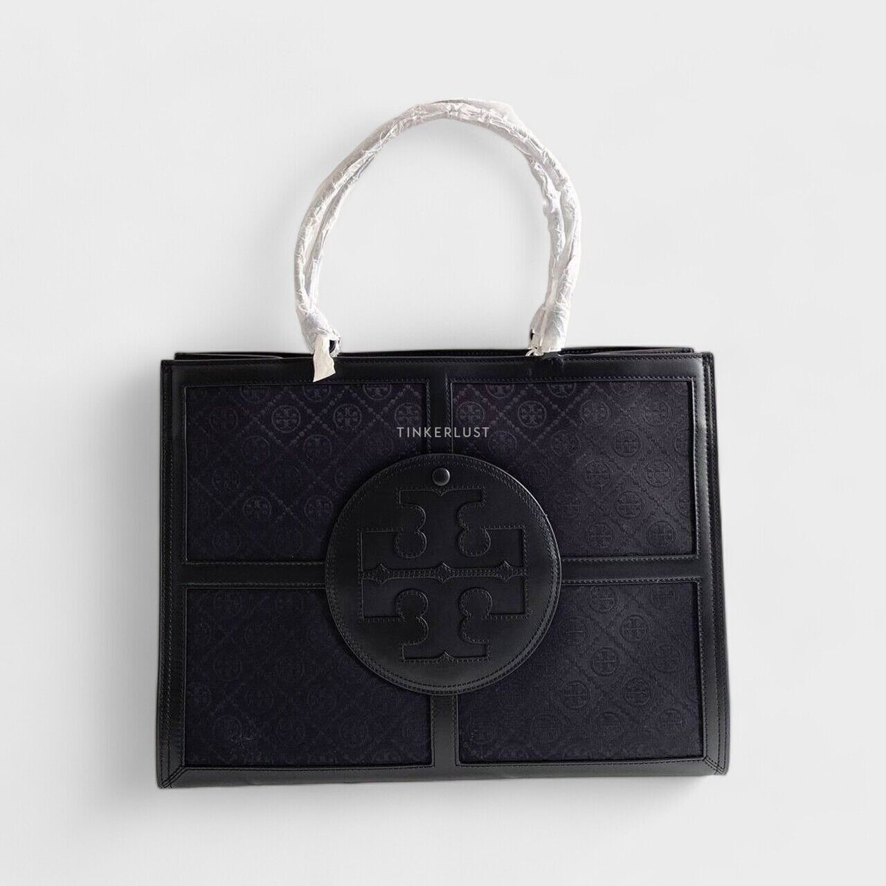 Tory Burch Ella T Monogram Quadrant Jacquard Leather Trim in Black/Black Tote Bag