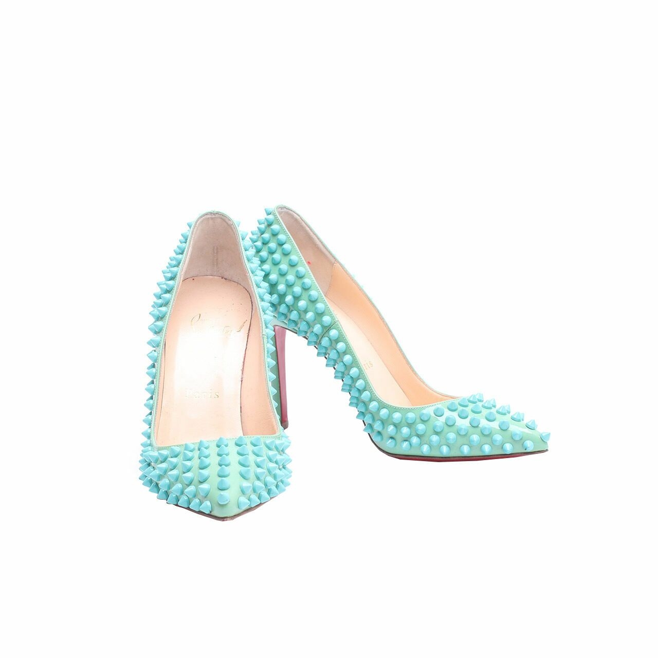 Christian Louboutin Spike Studded 100 Patent Leather Green Heels