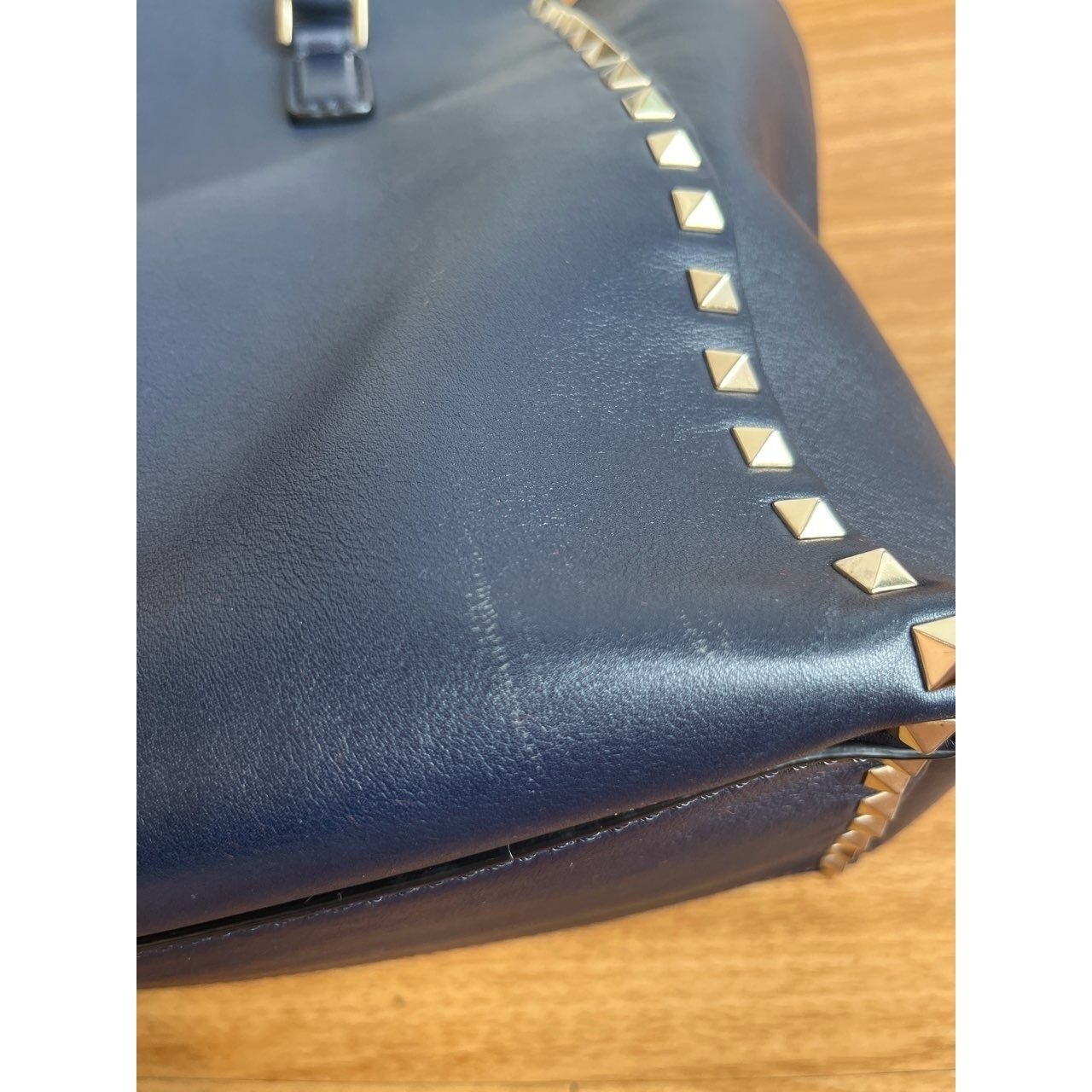 Valentino Garavani Vitello Rockstud Double Handle Dark Blue Handbag