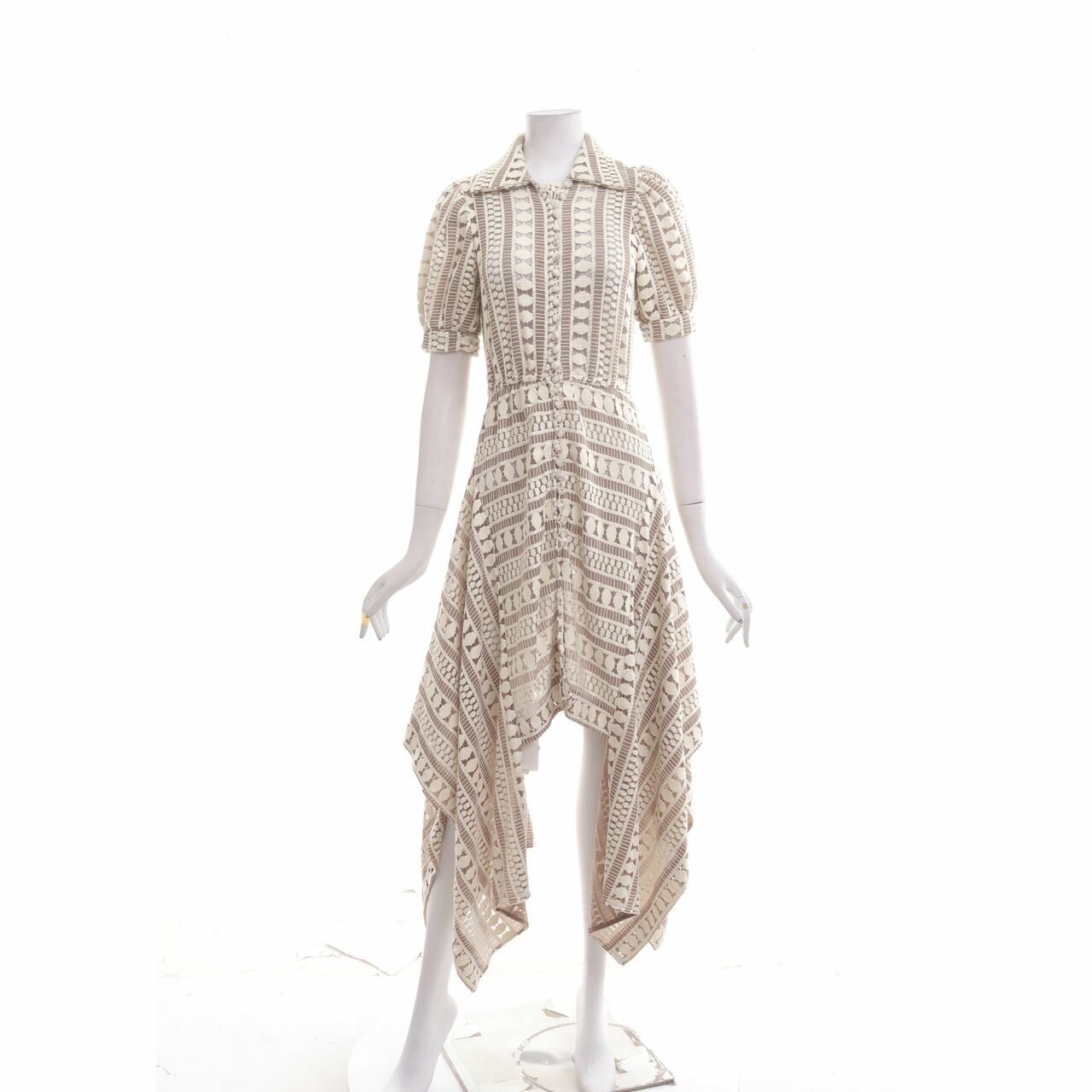 Barli Asmara Cream & Taupe Stripes Lace Asymmetric Midi Dress