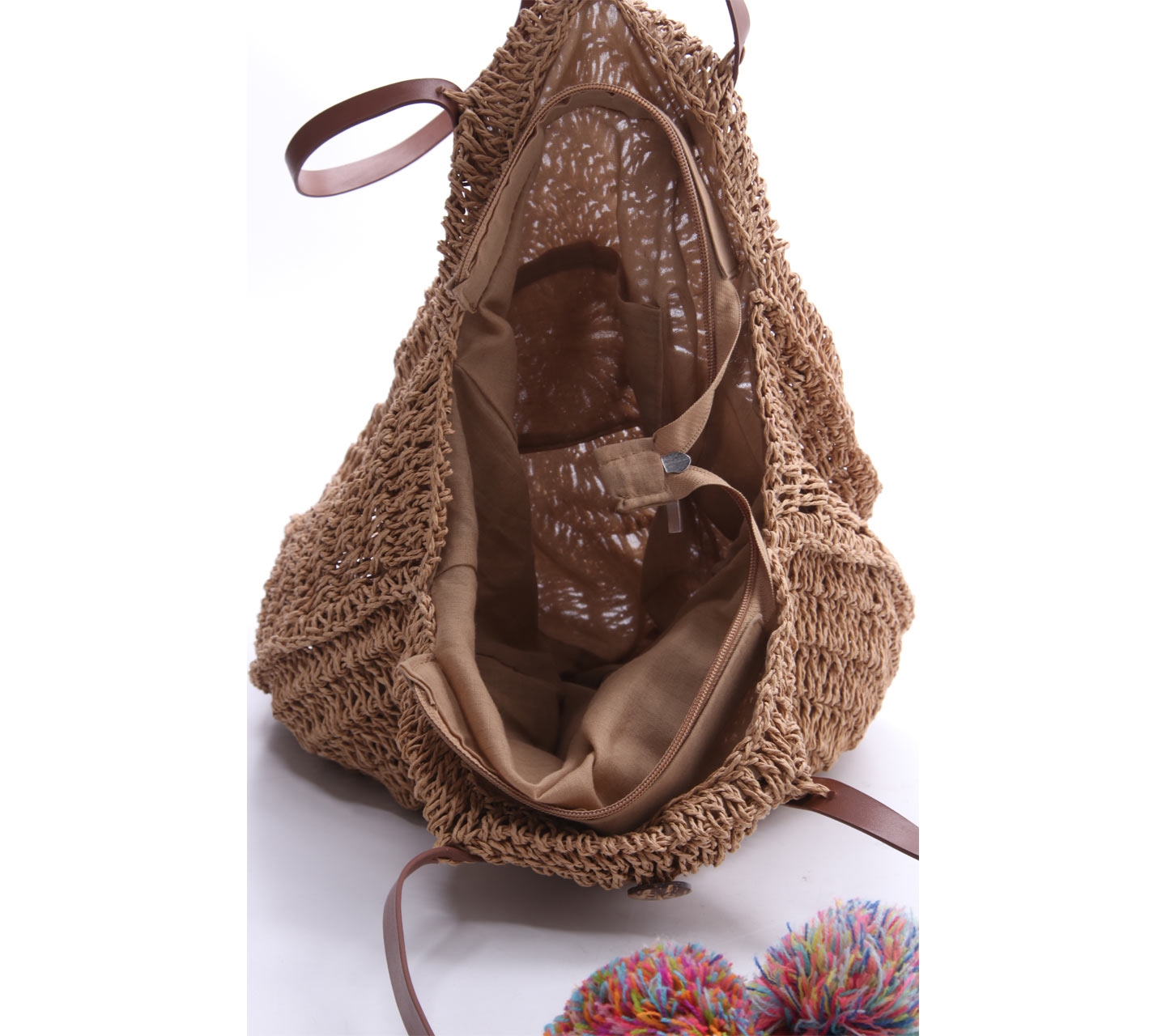 Aria Brown Straw With Pompom Shoulder Bag 