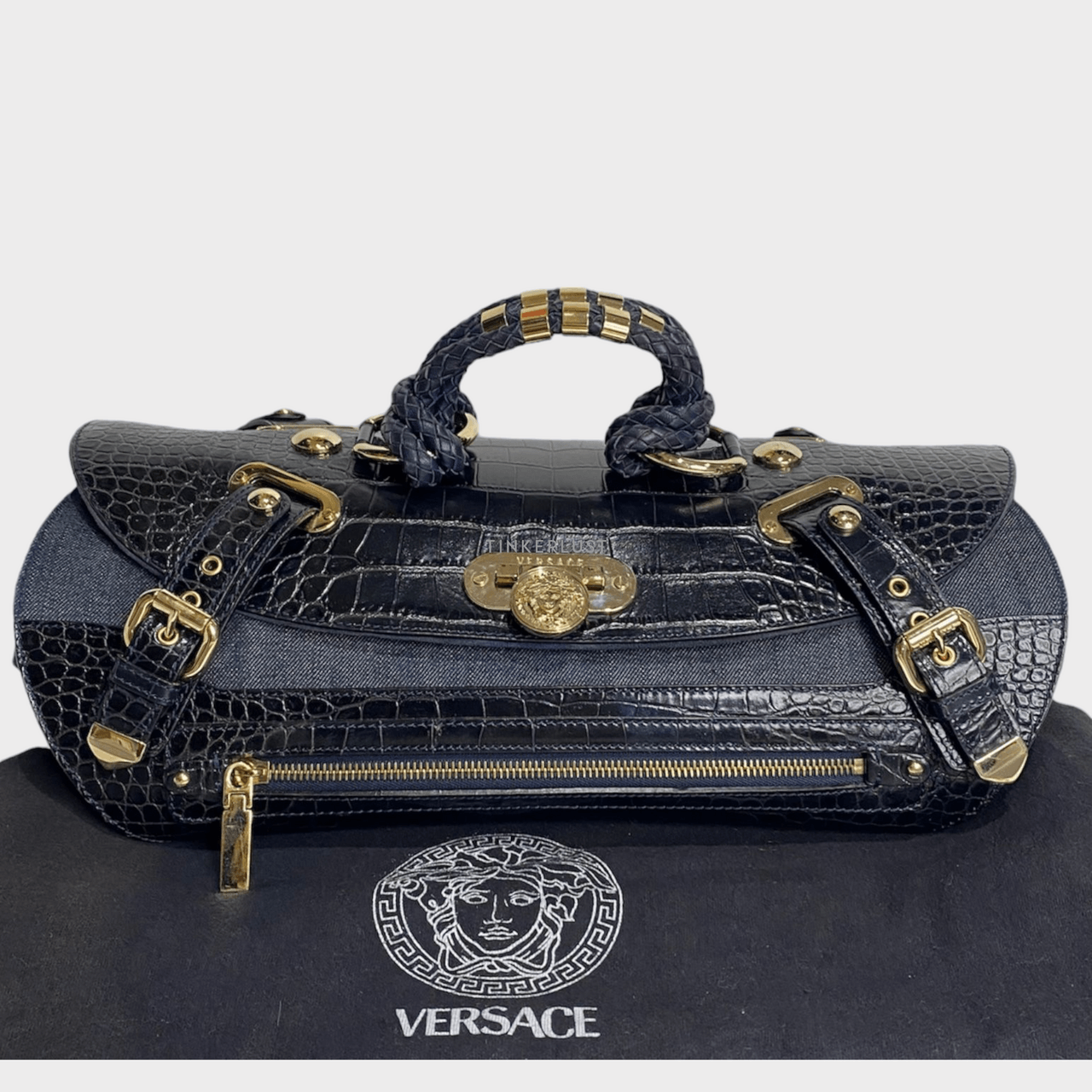 Gianni Versace Croco Embossed Denim Canyon Handbag 