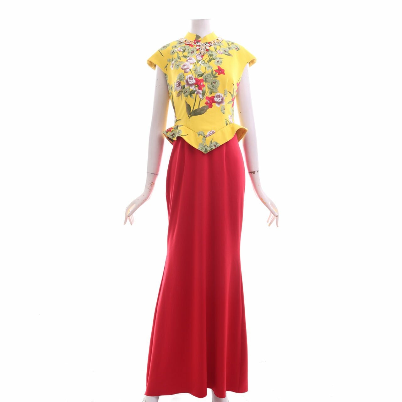 Peachespinkish Yellow & Red Floral Long Dress