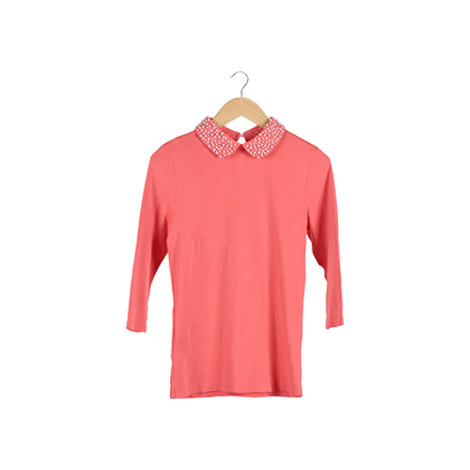 Pink Pearl Embellished Collar T-Shirt