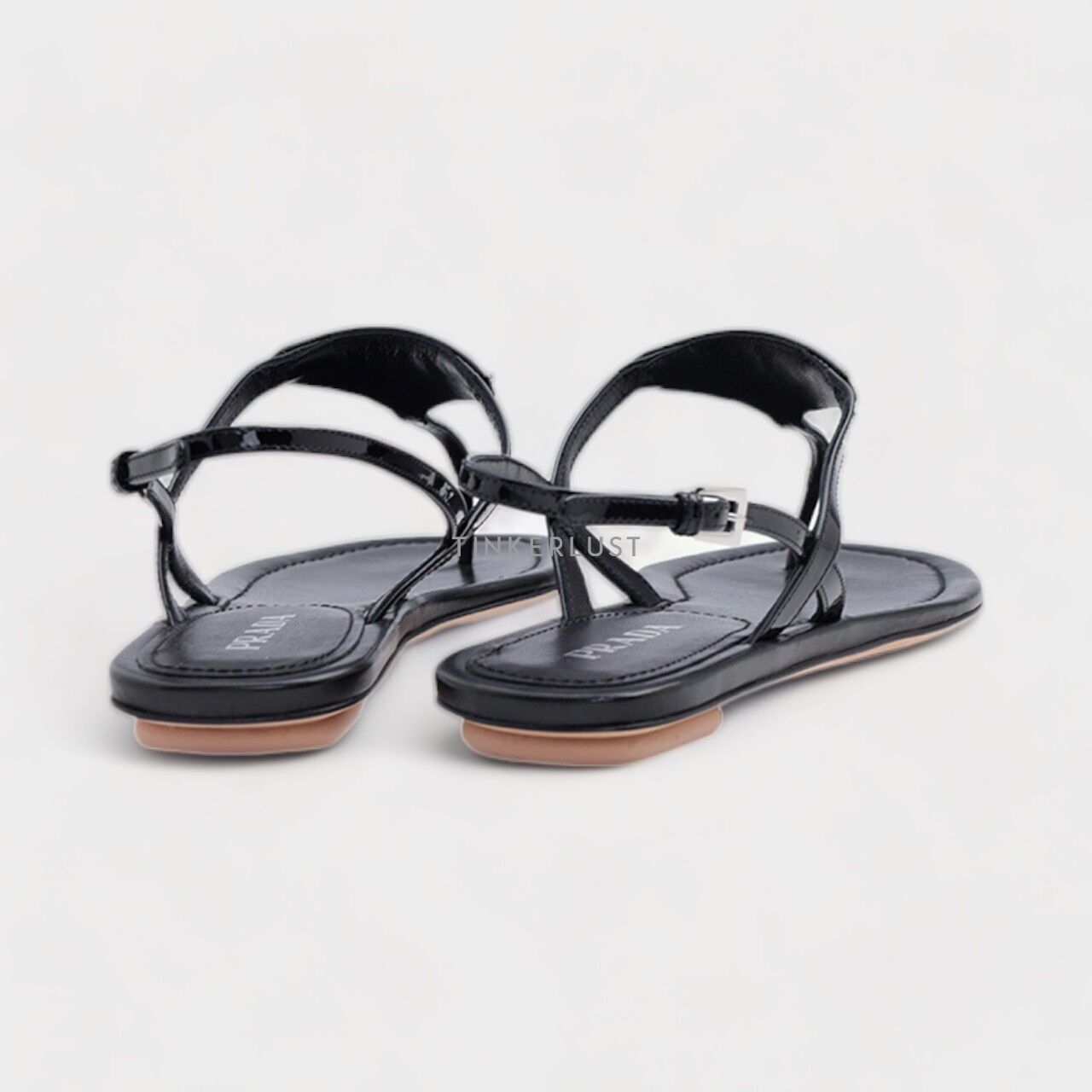 PRADA Thong Sandals in Black Patent with Triangle Logo