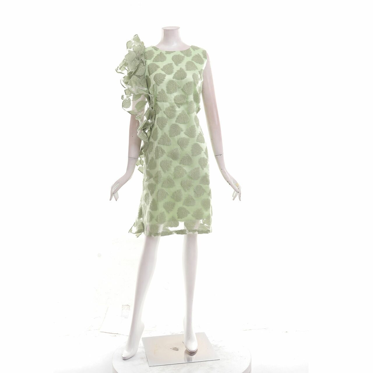 Caroline Kosasih Green Leaf Ruffle Midi Dress