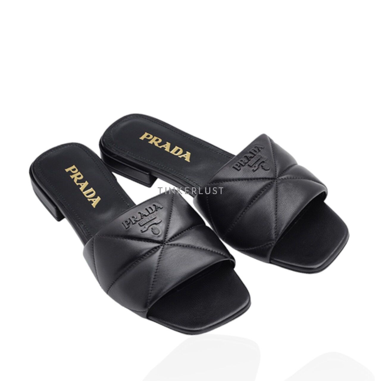 PRADA Women Logo Quilted Sandals in Black Nappa Leather