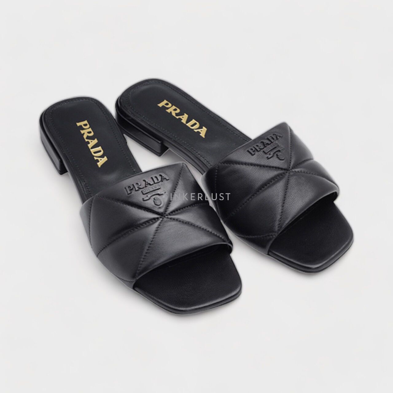 PRADA Women Logo Quilted Sandals in Black Nappa Leather