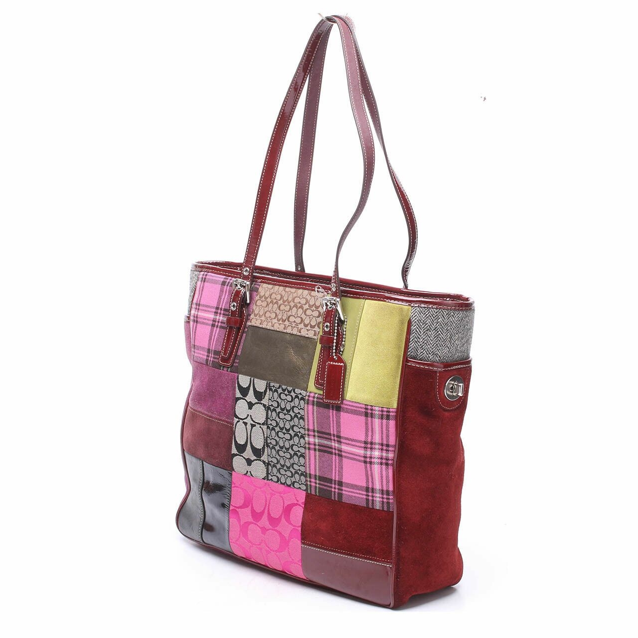 Coach Holiday Multi Color Patchwork Tote Hand Bag	