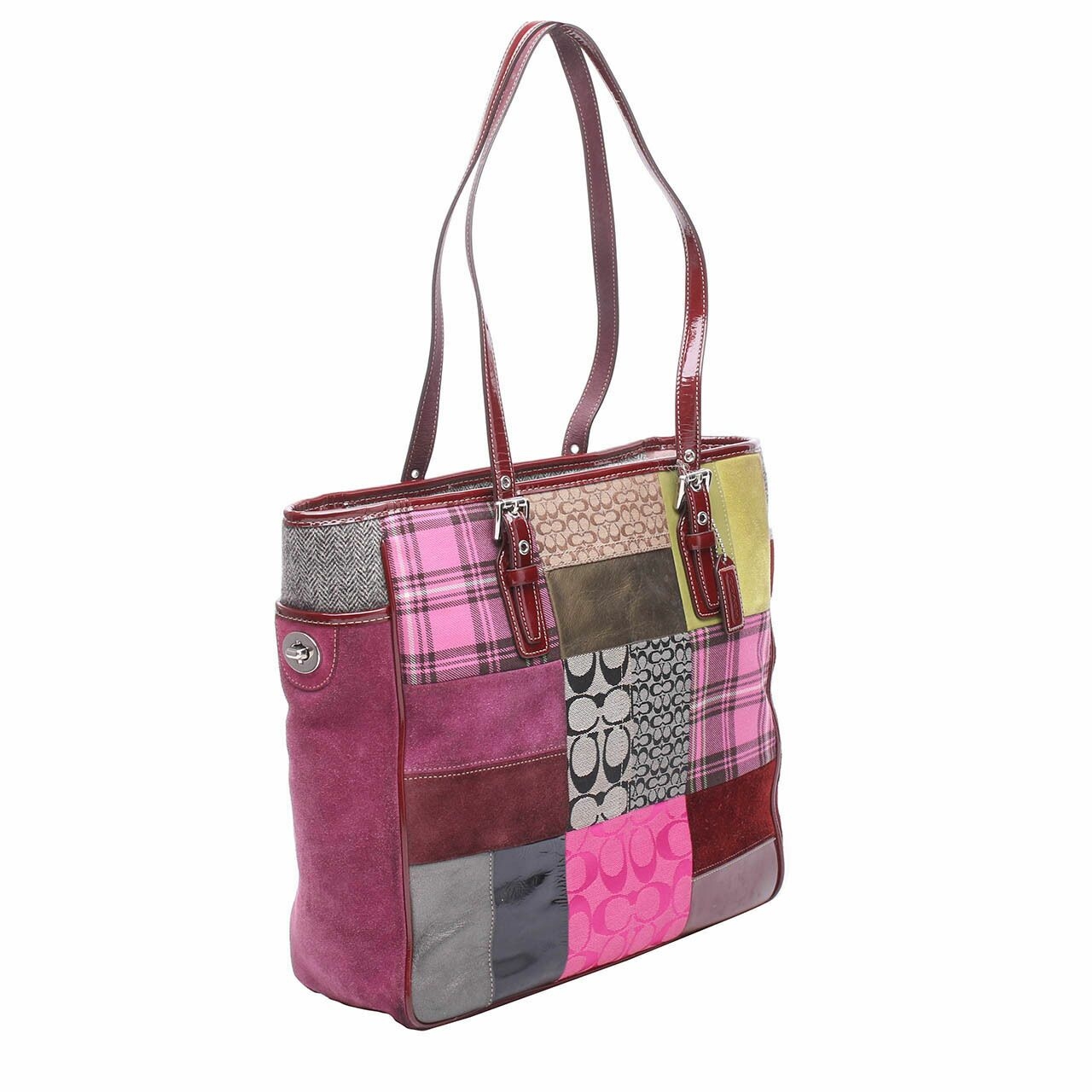 Coach Holiday Multi Color Patchwork Tote Hand Bag	