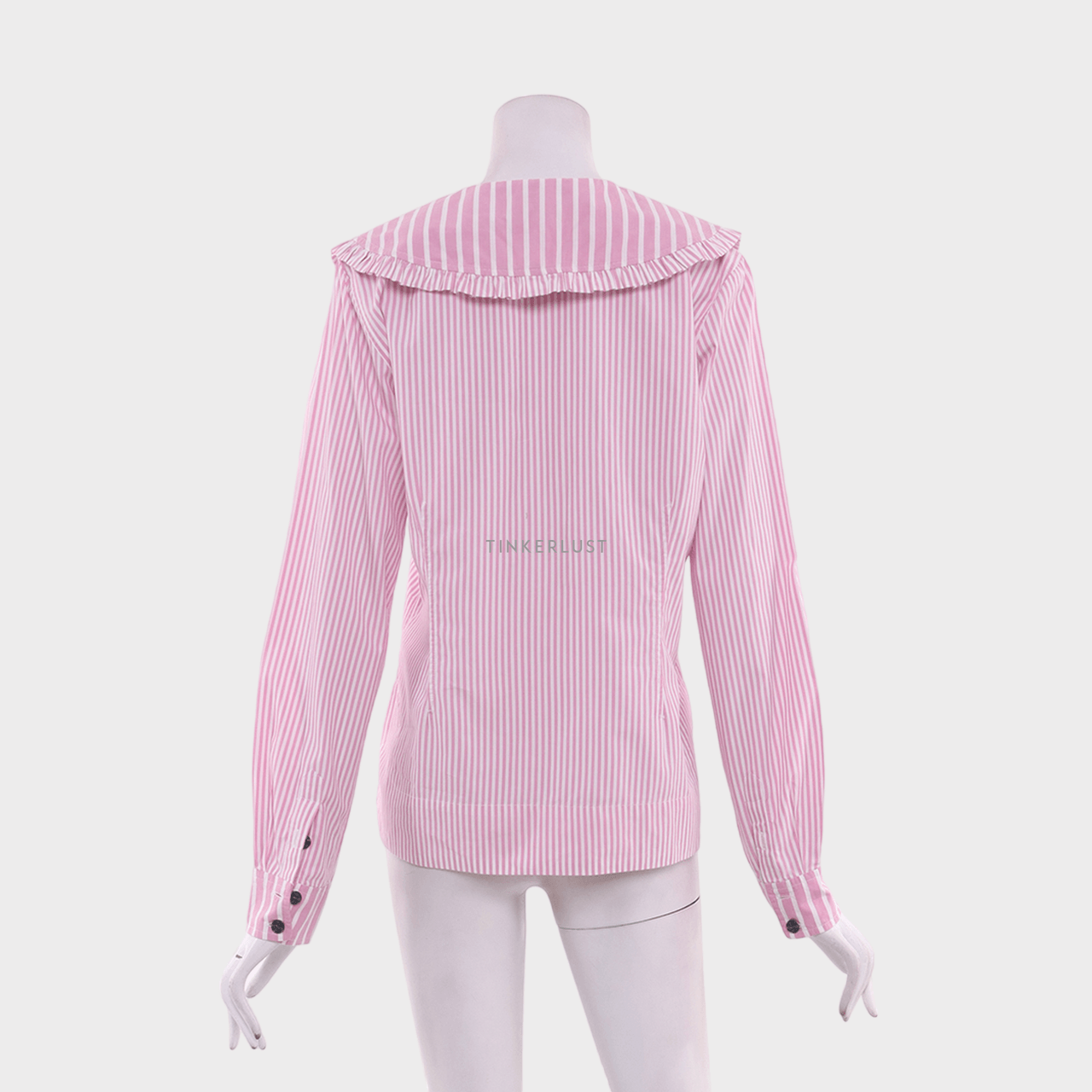 Ganni Pink & White Striped Frill Collar Blouse