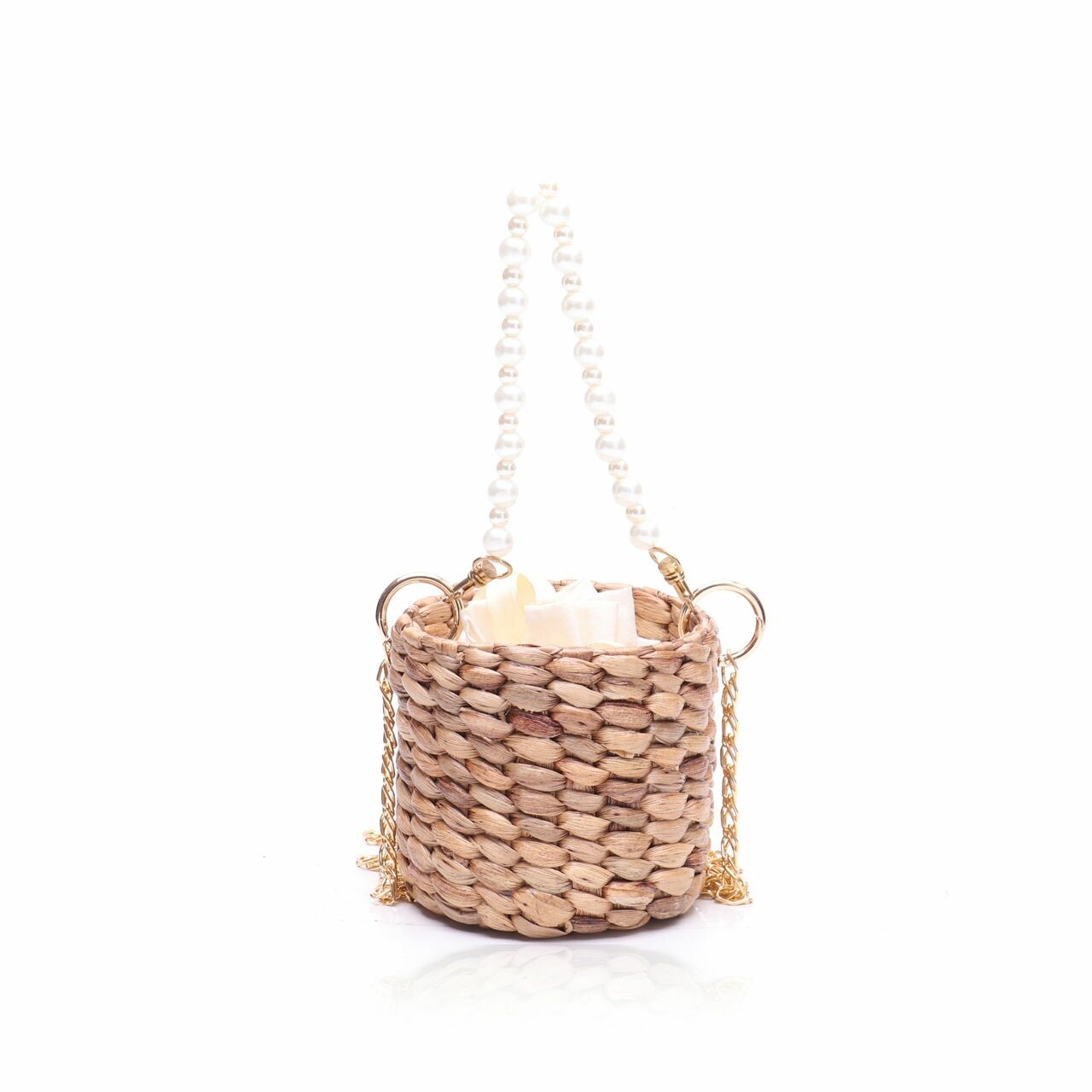 Private Collection Light Brown Bucket Straw Pearl Satchel