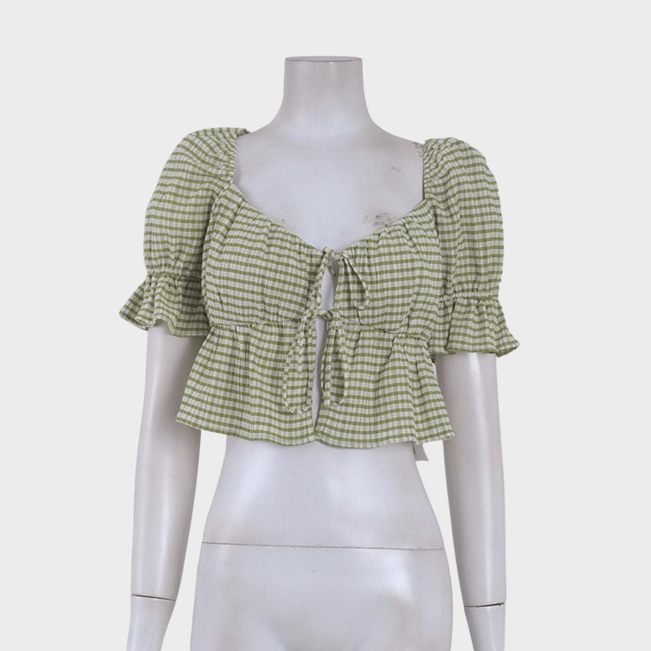 Reformation Green Gingham Cropped Blouse