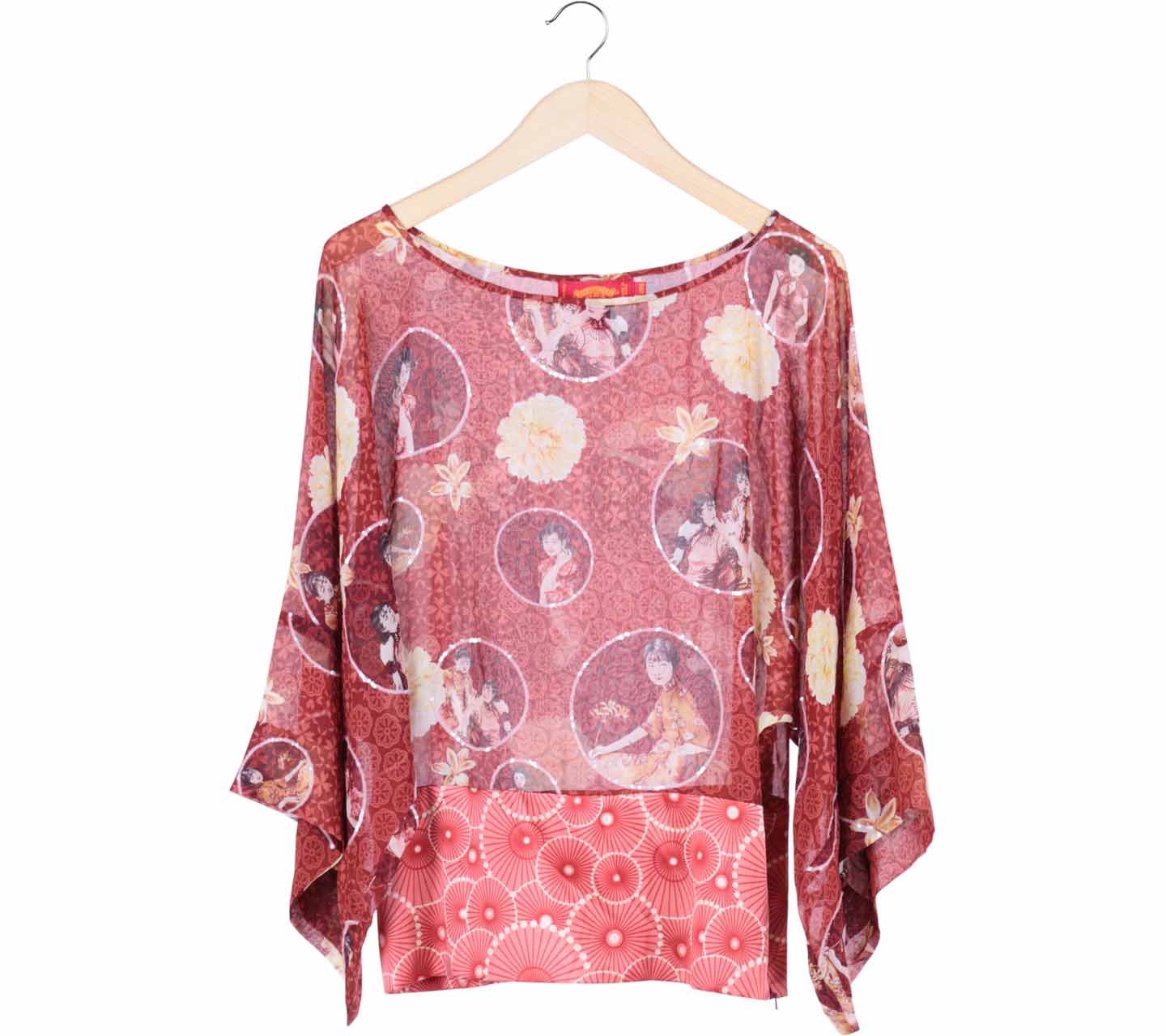 Shanghai Tang Red Patterned Silk Blouse